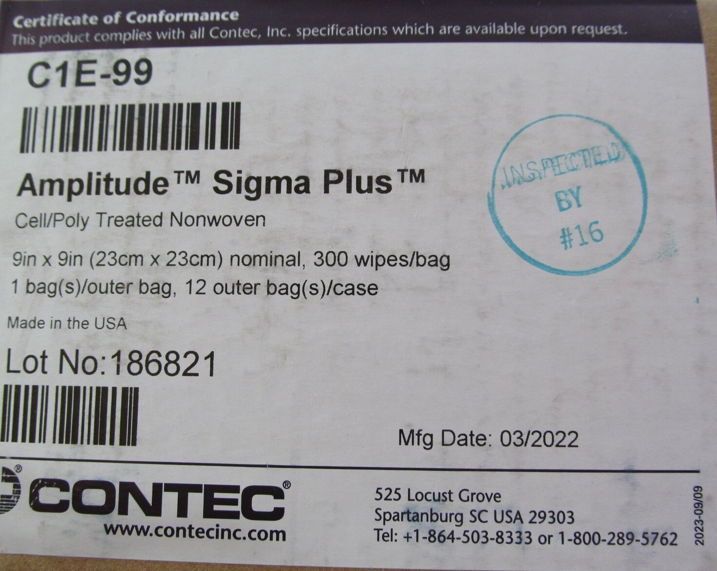 CASE OF 3600 CONTEC C1E-99 AMPLITUDE SIGMA PLUS CELL/POLY CLEANROOM WIPES 9 x 9″
