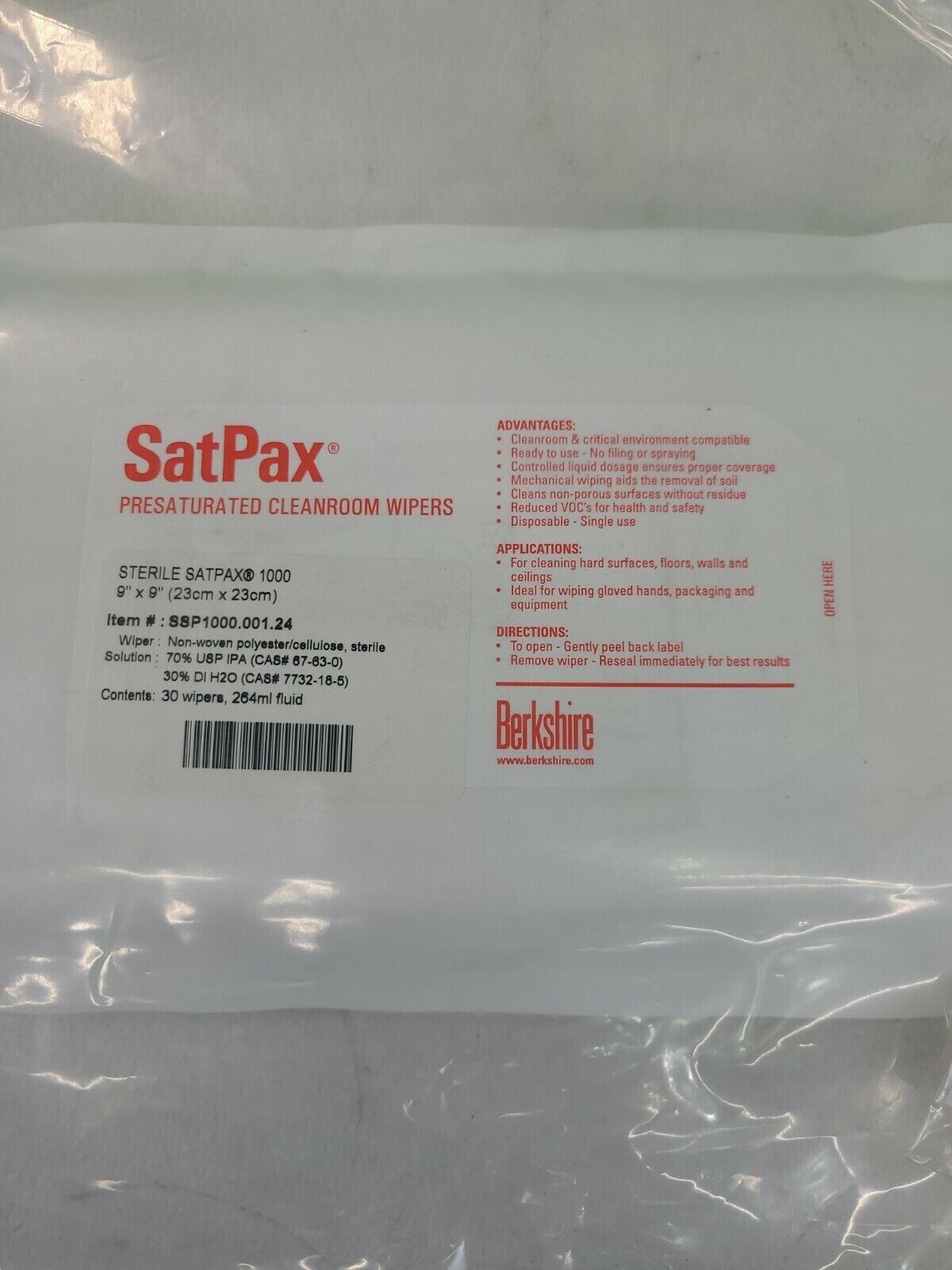 Berkshire SSP1000.001.24 Cleanroom Sterile Wipe-30 ct Pack-9″x9″-White-LOT OF 2