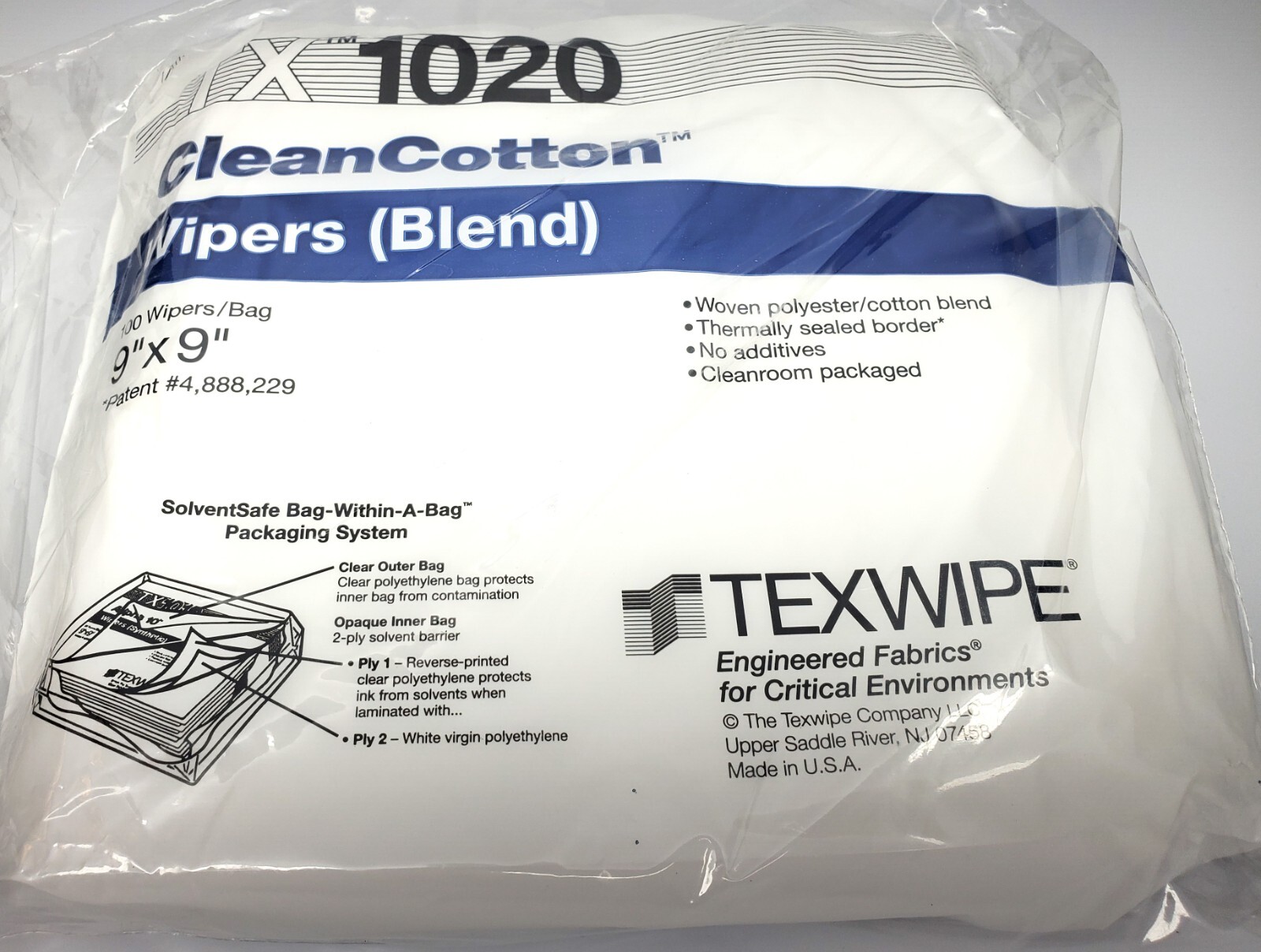 TX1020 CleanCotton Wipers (Blend) 9″x9″ 100/Bag “New in OEM Packaging