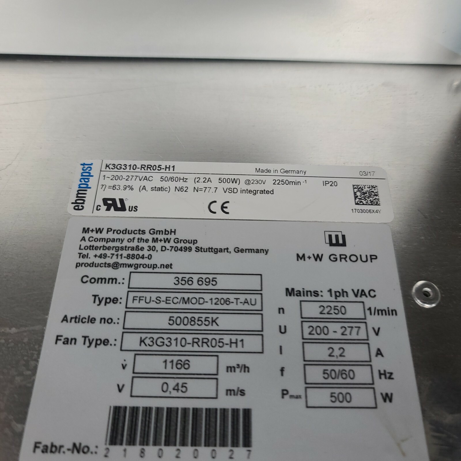 EBMPAPST K3G310-RR05-H1 M+W FFU-S-EC Cleanroom Filter & Exyte INX/PCF Filter