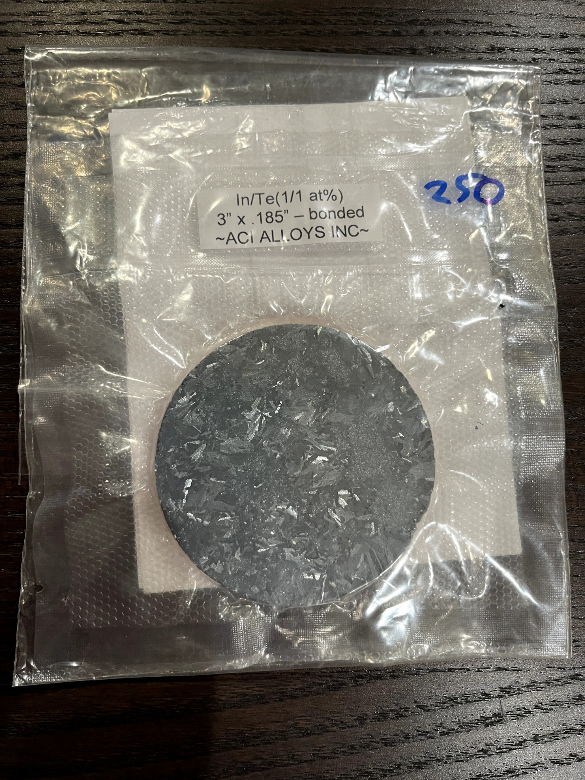 Sputtering Target, InTe 1/1 at%, 3″ x 0.185, bonded to copper backing plate