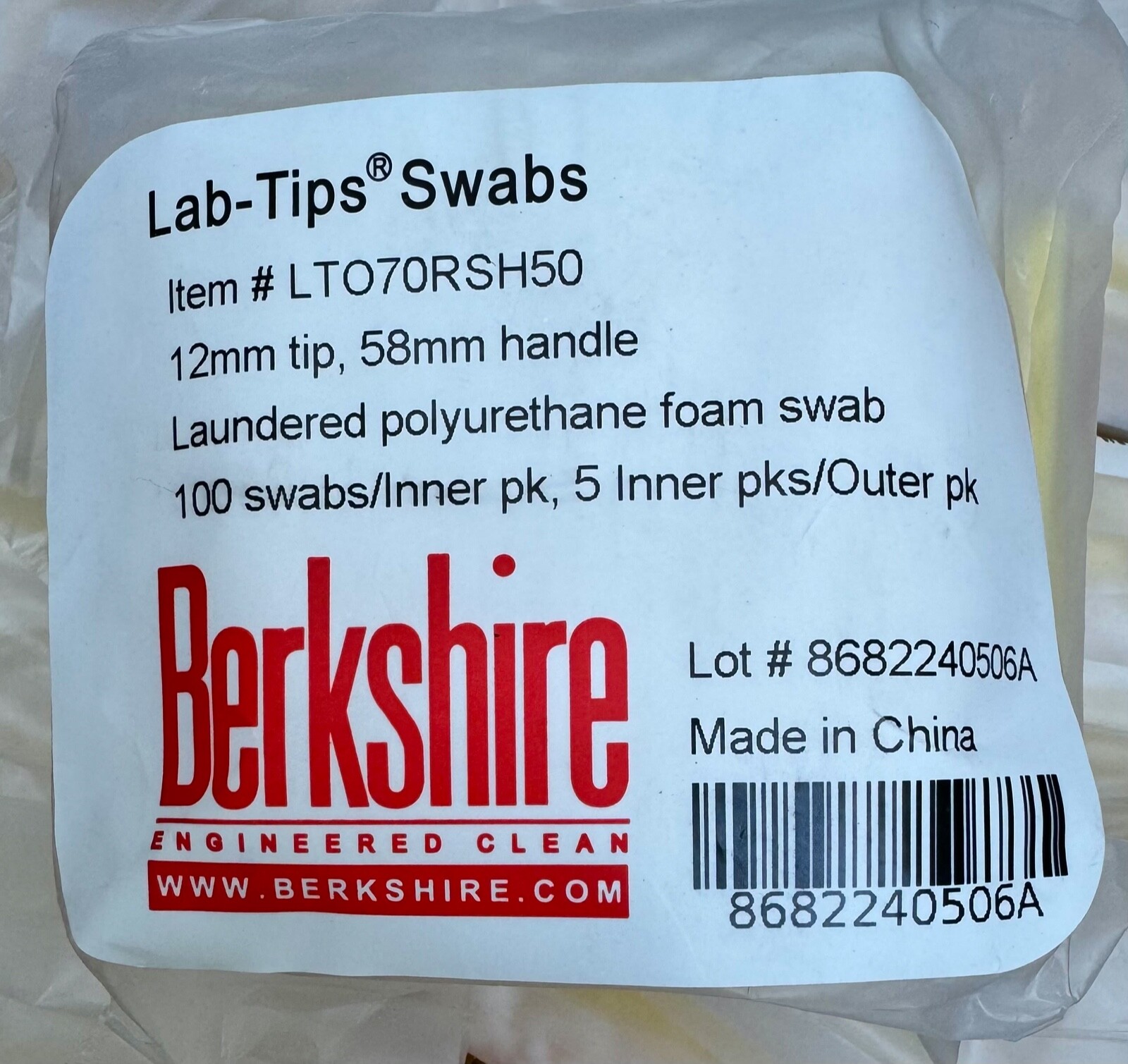 Berkshire LAB TIPS LTP70RSH50 Swab Polyester Laundered (40 Bags of 100 each)