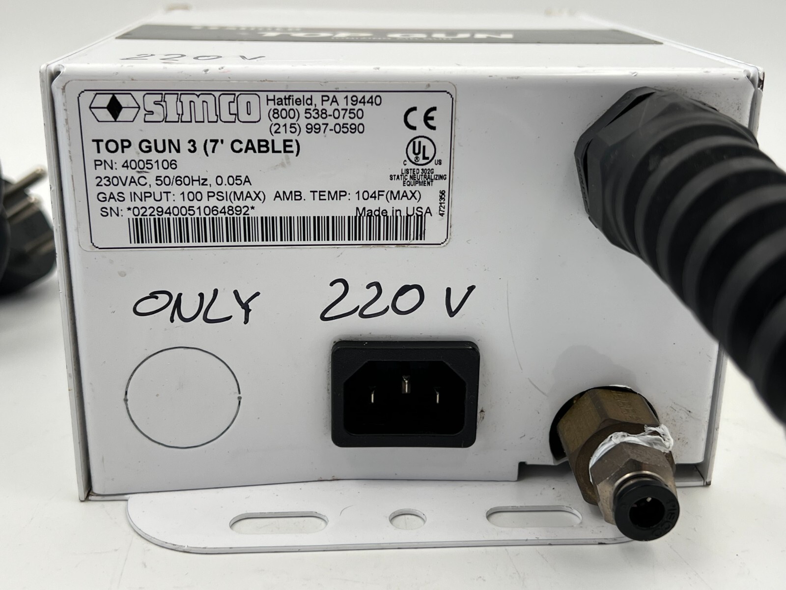 SIMCO ION TOP GUN 3 4005106 7″ CABLE IONIZING AIR GAN