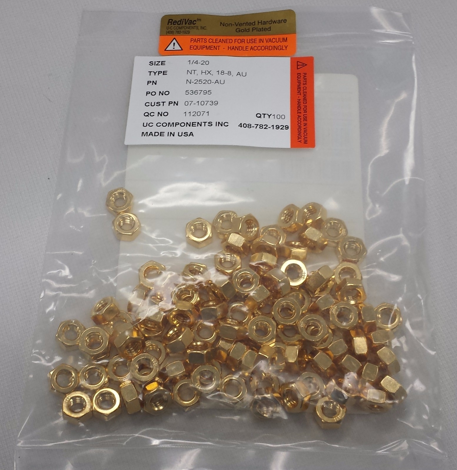 N-2520-AU, UC COMPONENTS, GOLD PLTD. CLEAN ROOM NUT, SEALED BAG – LOT OF 100