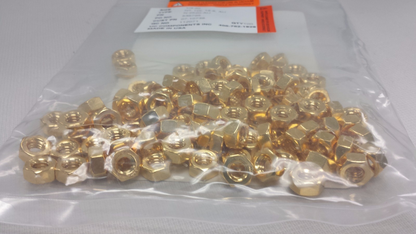 N-2520-AU, UC COMPONENTS, GOLD PLTD. CLEAN ROOM NUT, SEALED BAG – LOT OF 100