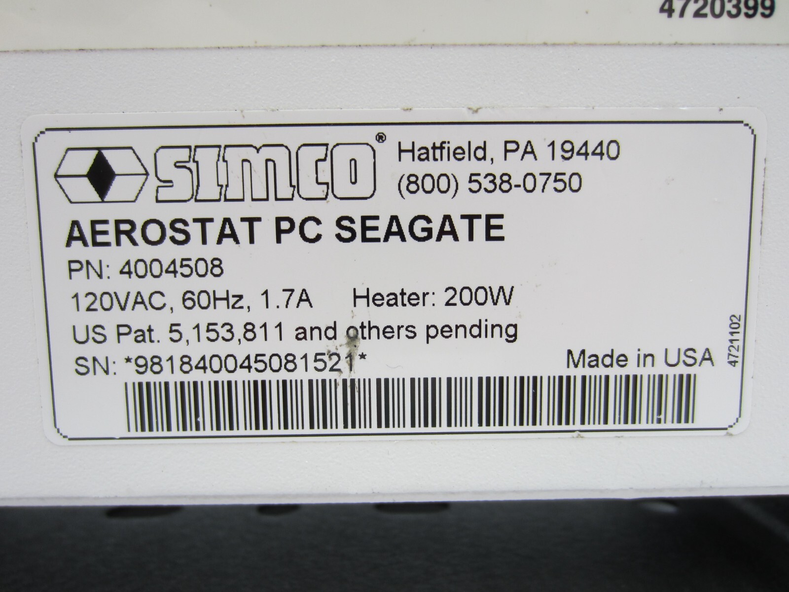 SIMCO Aerostat PC Ionizing Air Blower Ionizer Model 4004508