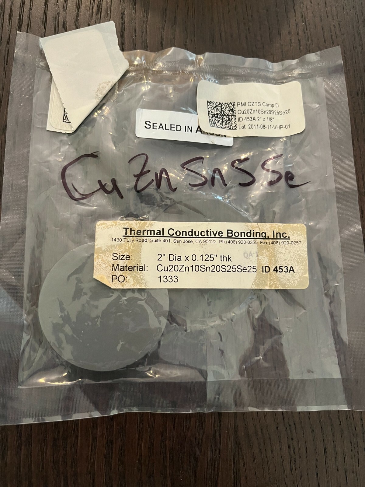 Sputtering Target, CuZnSnSSe 20/10/20/25/25 2″x.125″