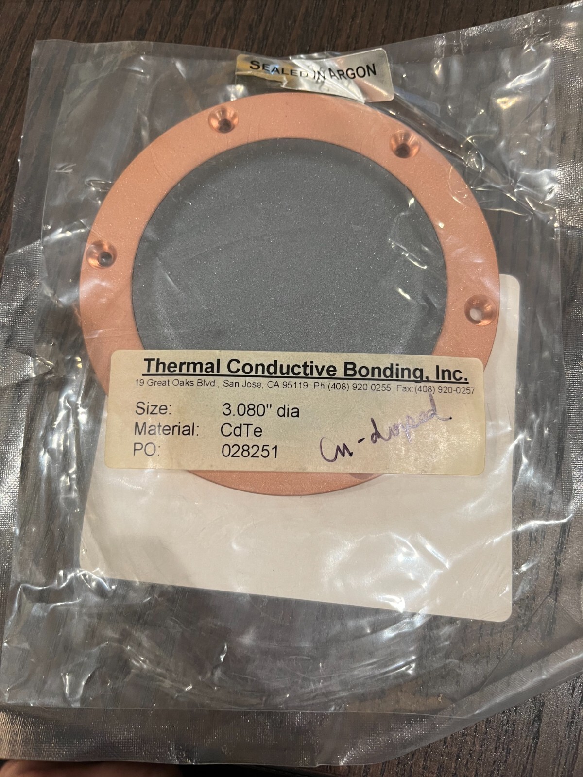 Sputtering Target, CdTe 3.080″ diameter w/ 4″ copper backing plate