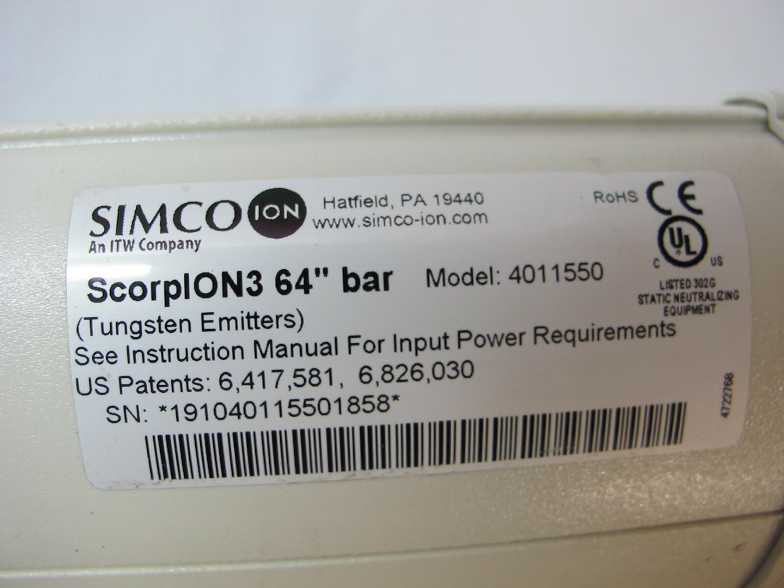Simco scorpION 3 LV Bar Ionizer – 64″ 4011550 (Tungsten Emitters)
