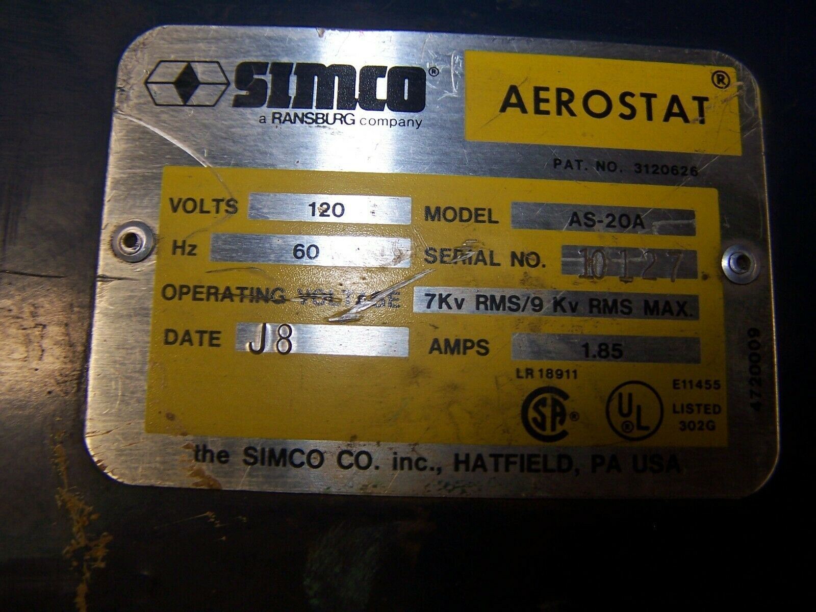 SIMCO AEROSTAT AS-20A STATIC ELIMINATION BLOWER 120 VAC