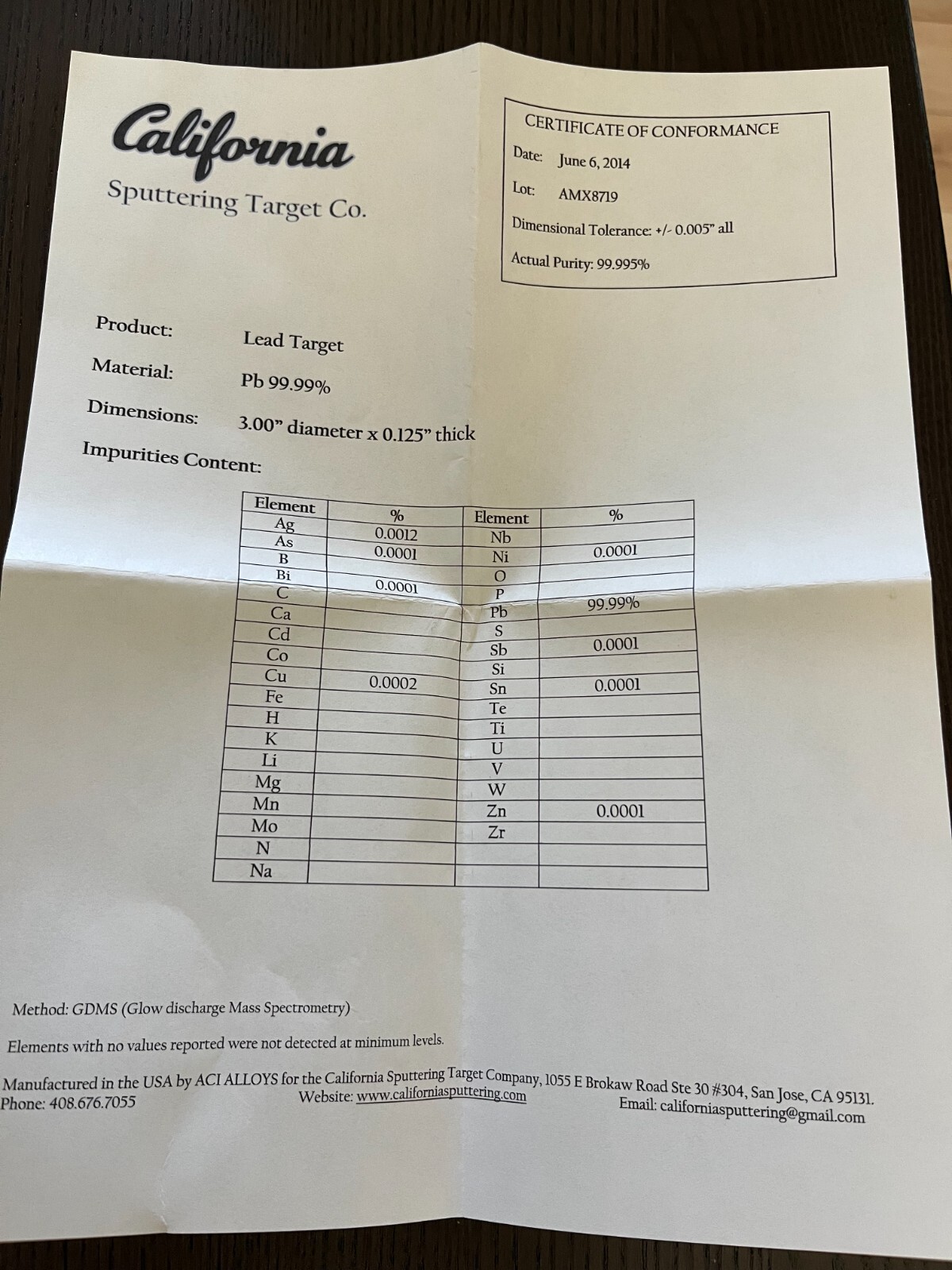 Sputtering Target, Lead (Pb) 3″ x 0.1250″ 4N Purity