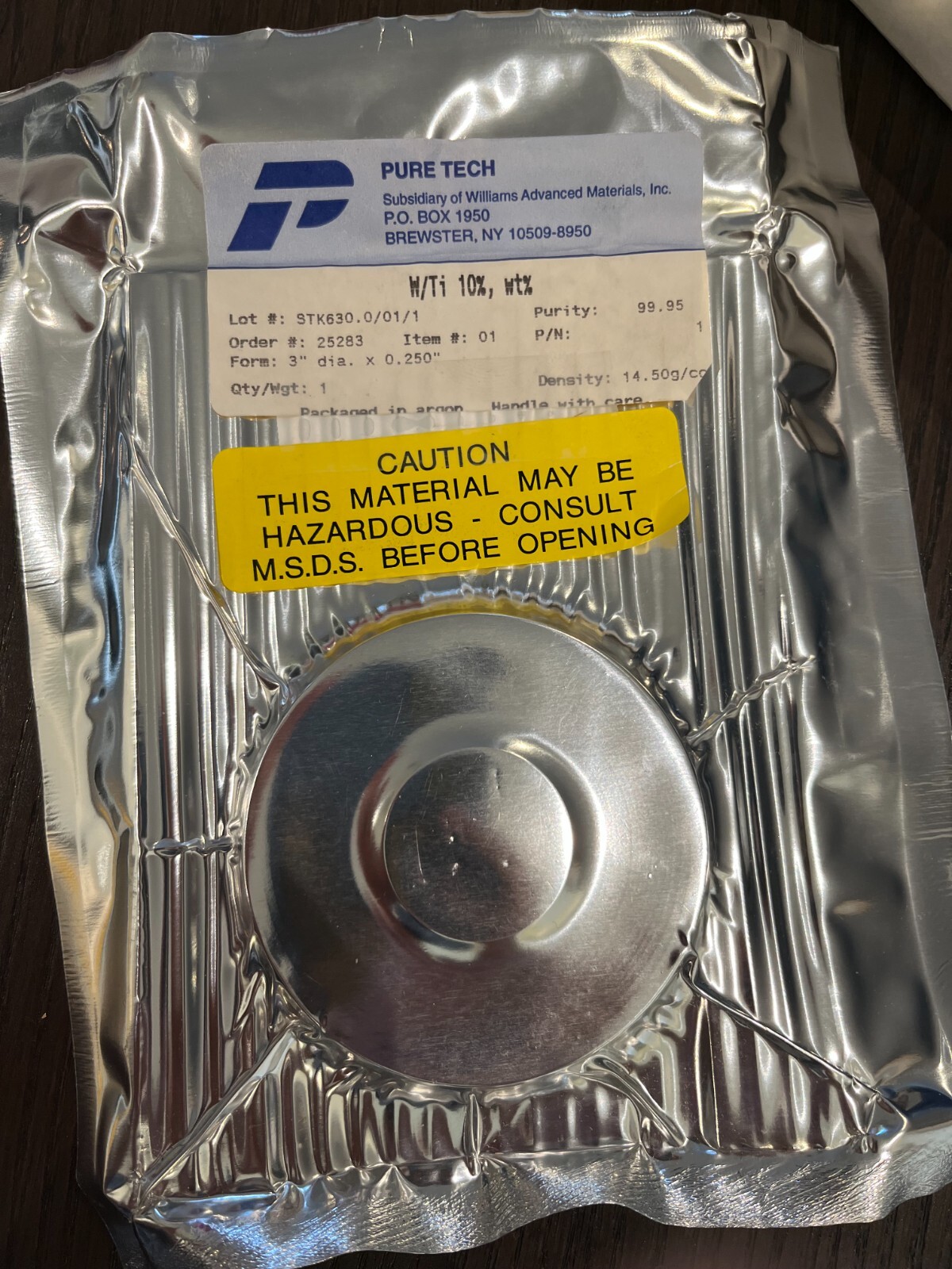 Sputtering Target, 3″ x .250″ MAK gun w/ keeper. W90Ti10 wt%