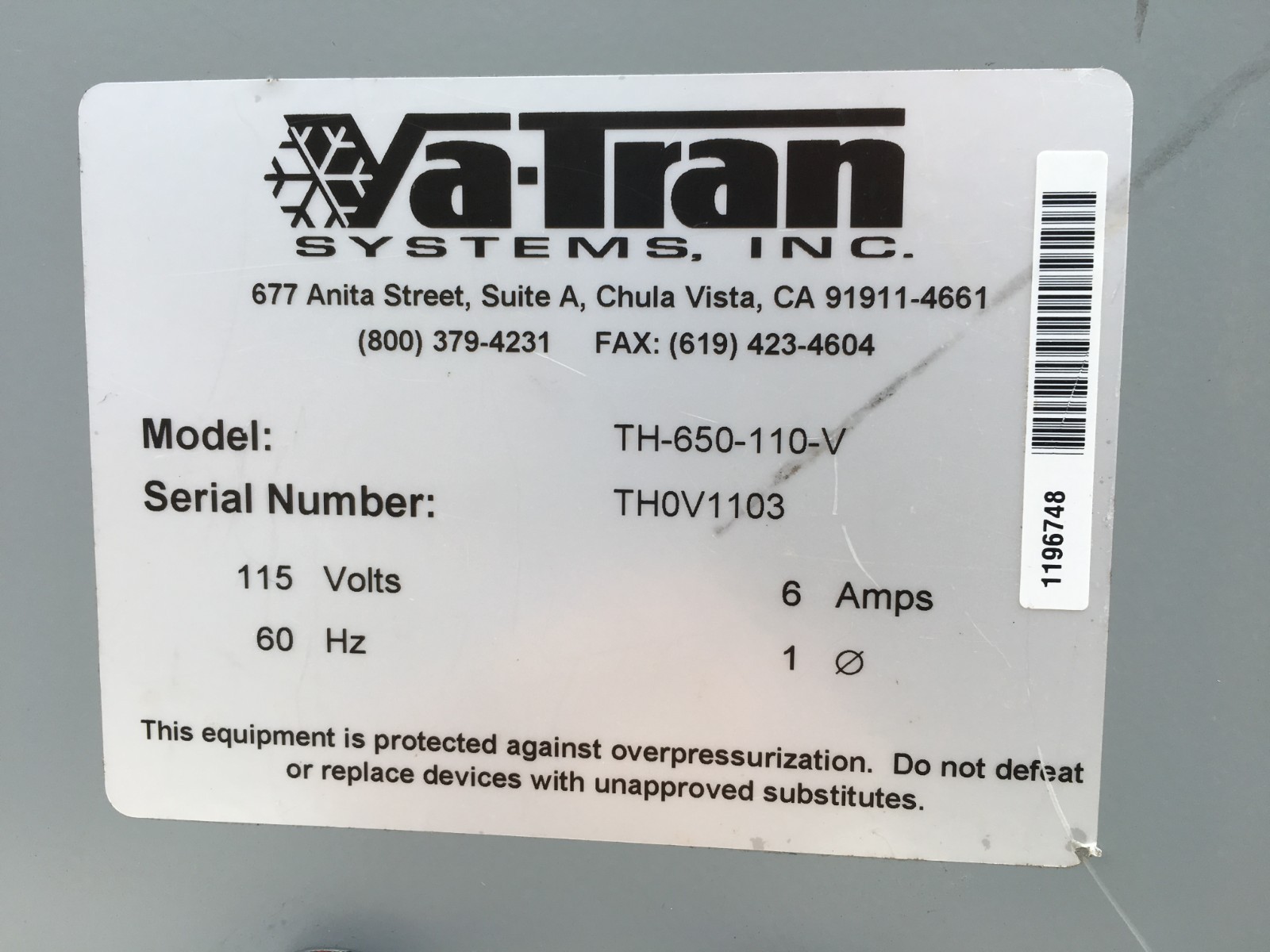 Va-Tran Systems, Inc. Carbon Dioxide Purifier/ Heater/Buffer