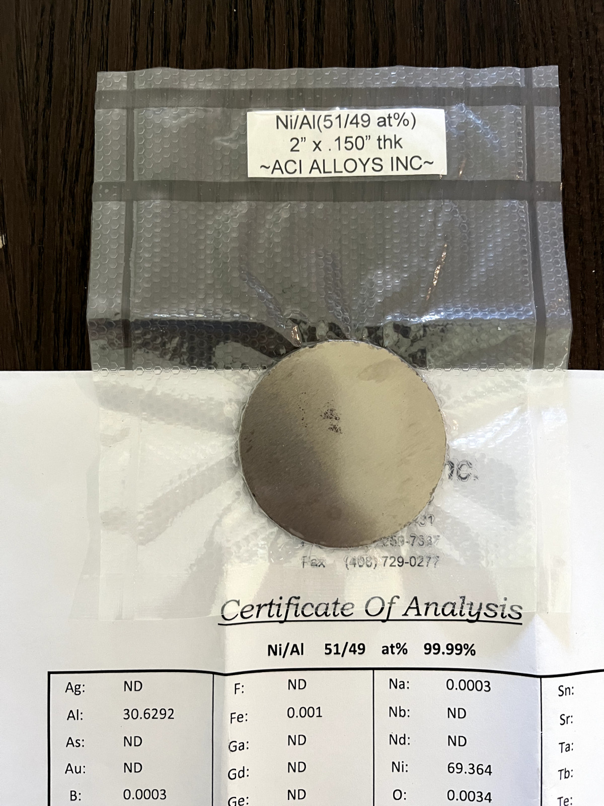 Sputtering Target, Ni51Al49 at % 2″ x 0.150″