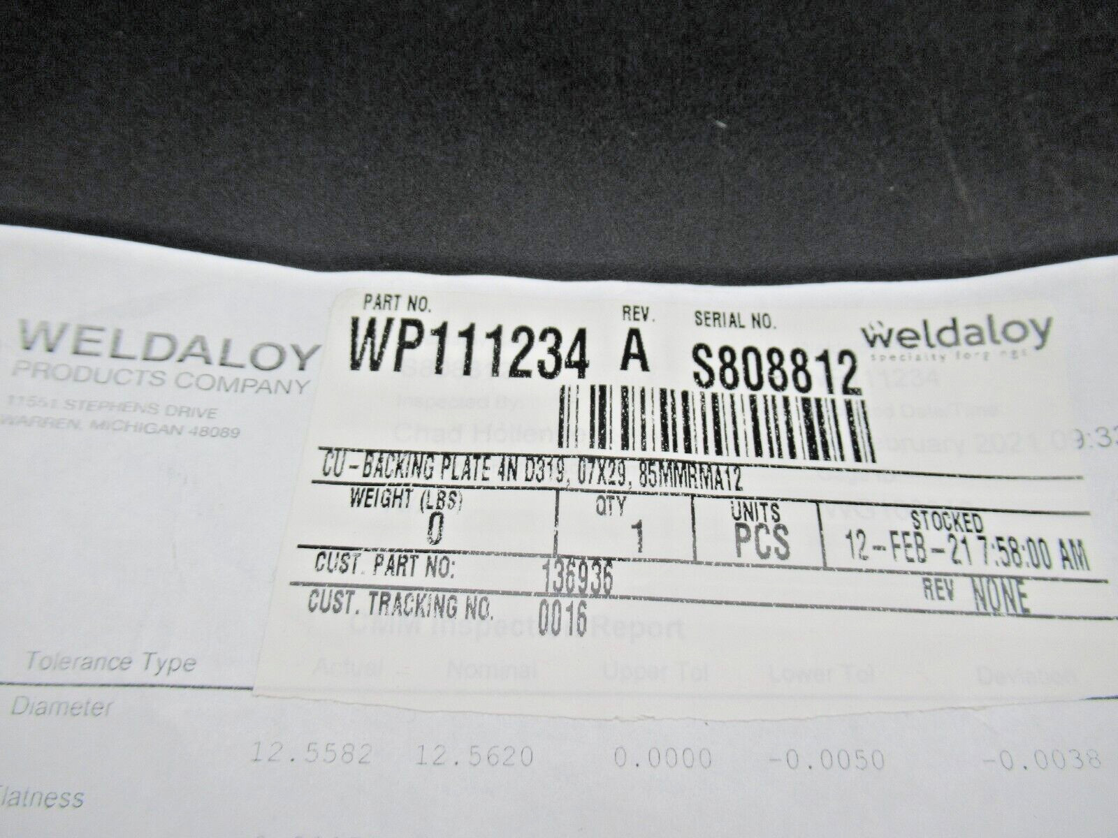 Weldaloy WP111234 REV. A Copper Backing Plate 4N D319, 85MMRMA12 *NEW W PAPERS*