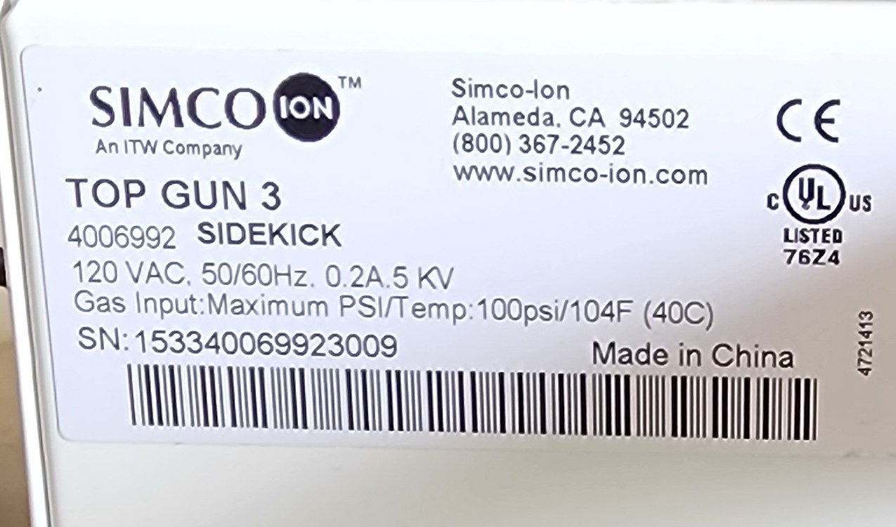 Simco-Ion Top Gun 3 Ionizing Air Gun Sidekick ESD Static Eliminator 4006992 +WAR