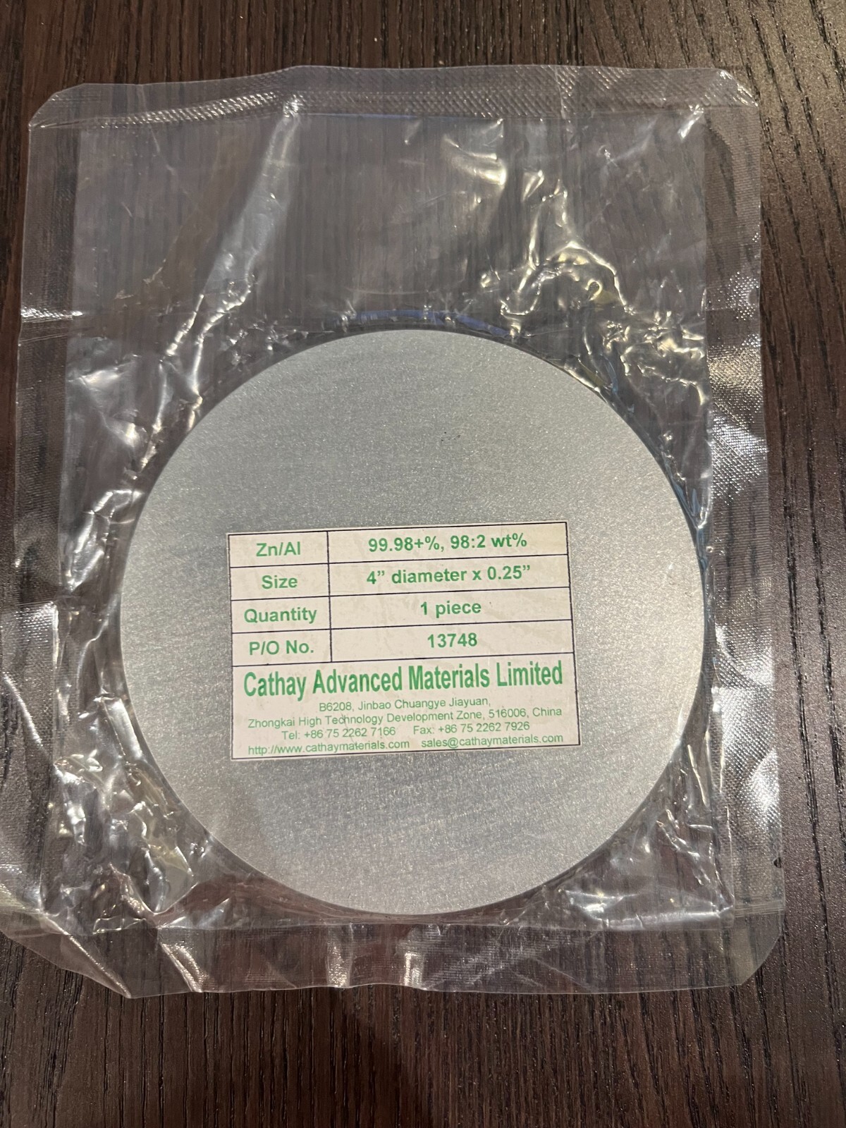Sputtering Target, Zn98Al2 Wt %, 4″ x 0.25″