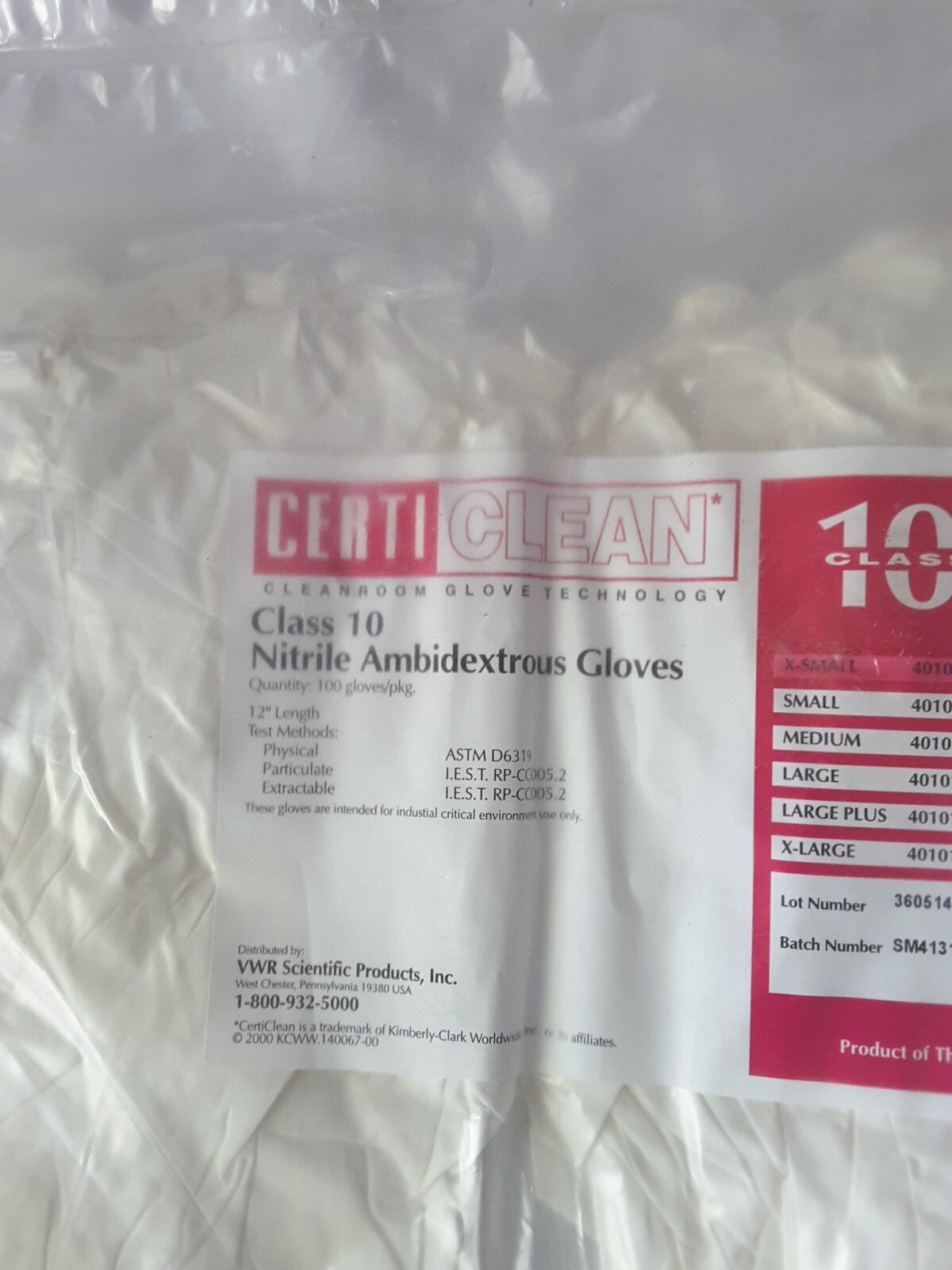 CERTICLEAN CLASS 10 NITRILE AMBIDEXTROUS GLOVES X-SMALL 40101-353 pkg of 100