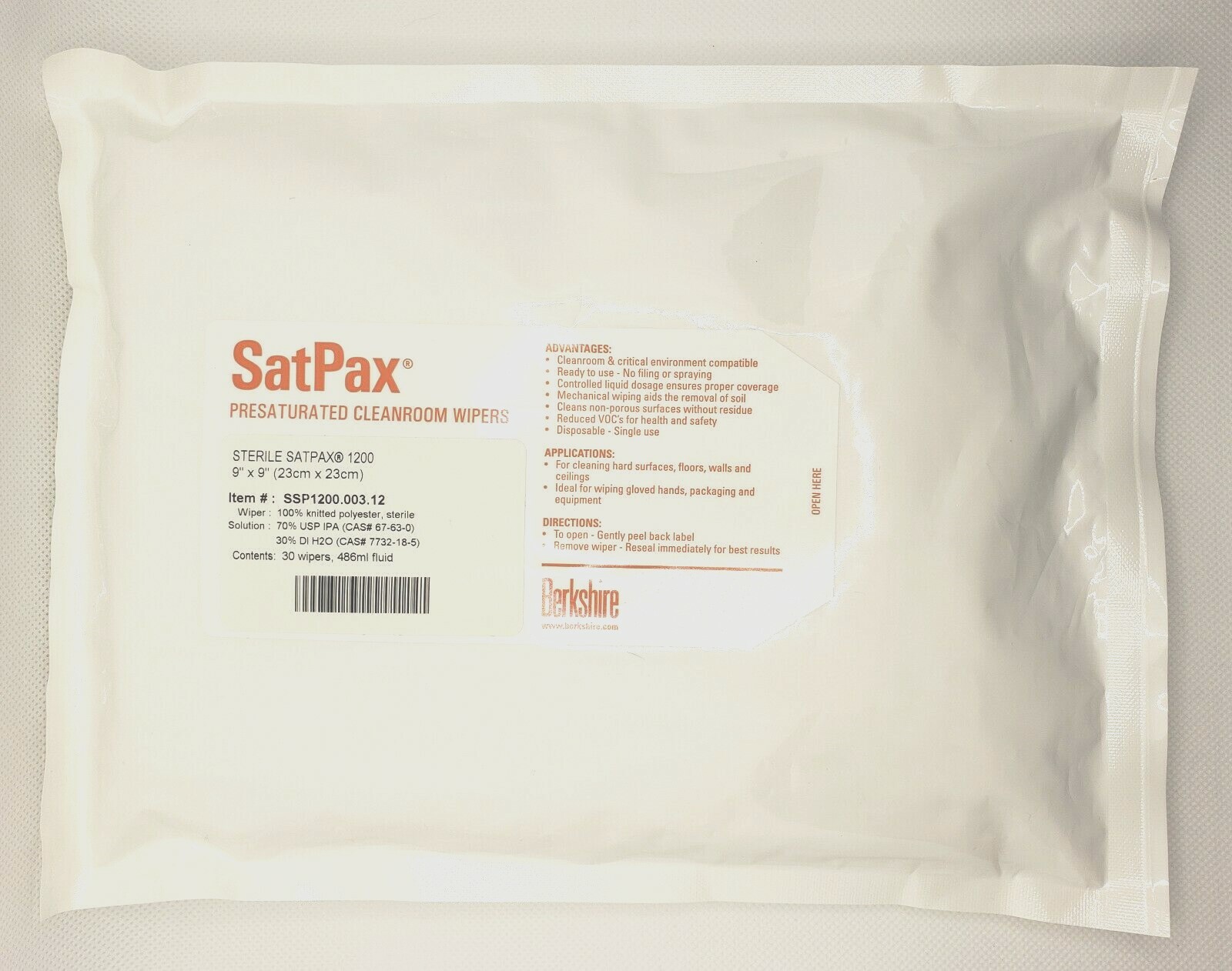 BERKSHIRE – 30, 9″ X 9″ ( SAT PAX ) PRESATURATED CLEANROOM WIPERS SSP1200.003.12