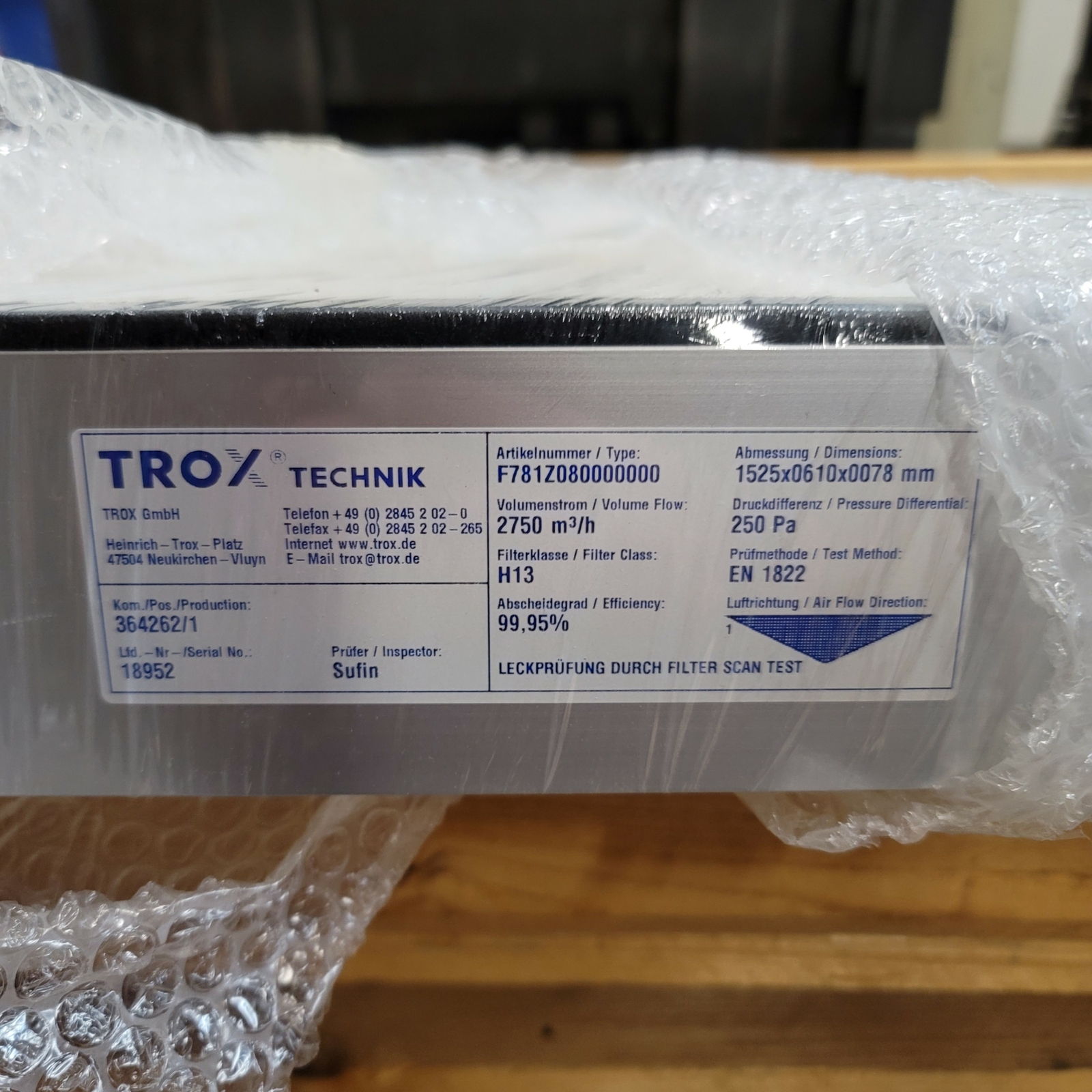TROX TECHNIK F781Z080000000 Minipleat HEPA Filter Panel 1525mm x 610mm x 78mm