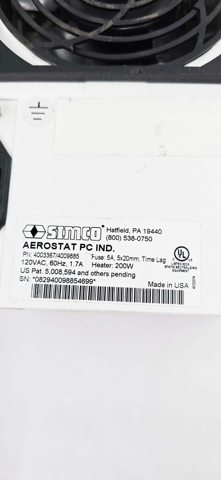 Simco -Ion Aerostat PC 4003367 Ionizing Air Blower 120VAC 60Hz 1.7-5A