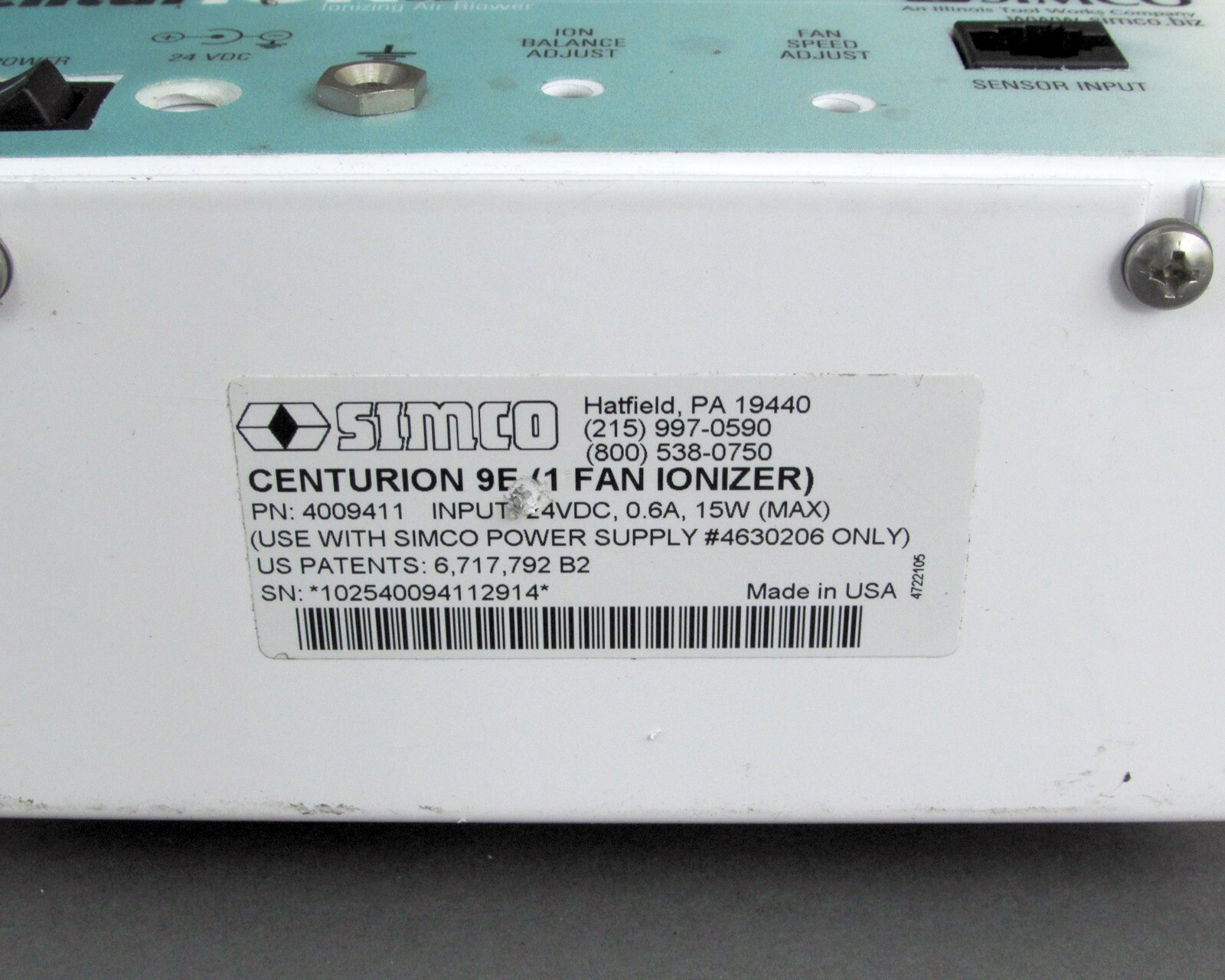 Simco 4009411 Centurion 9E Single Fan Ionizing Air Blower – 24 VDC, 15 W