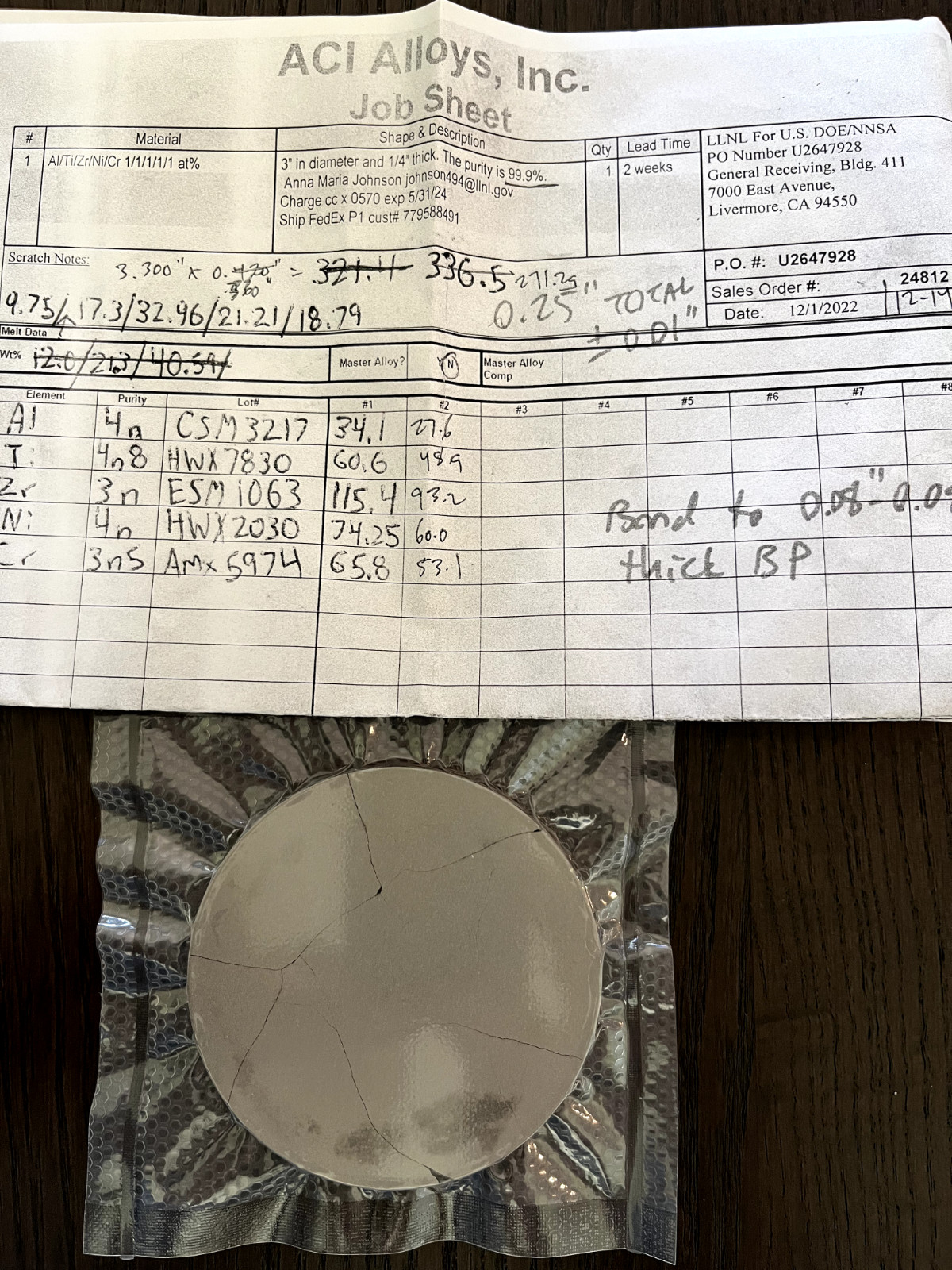 Sputtering Target, Al1Ti1Zr1Ni1Cr1 at% 3″ x 0.25″ bonded to Copper backing plate
