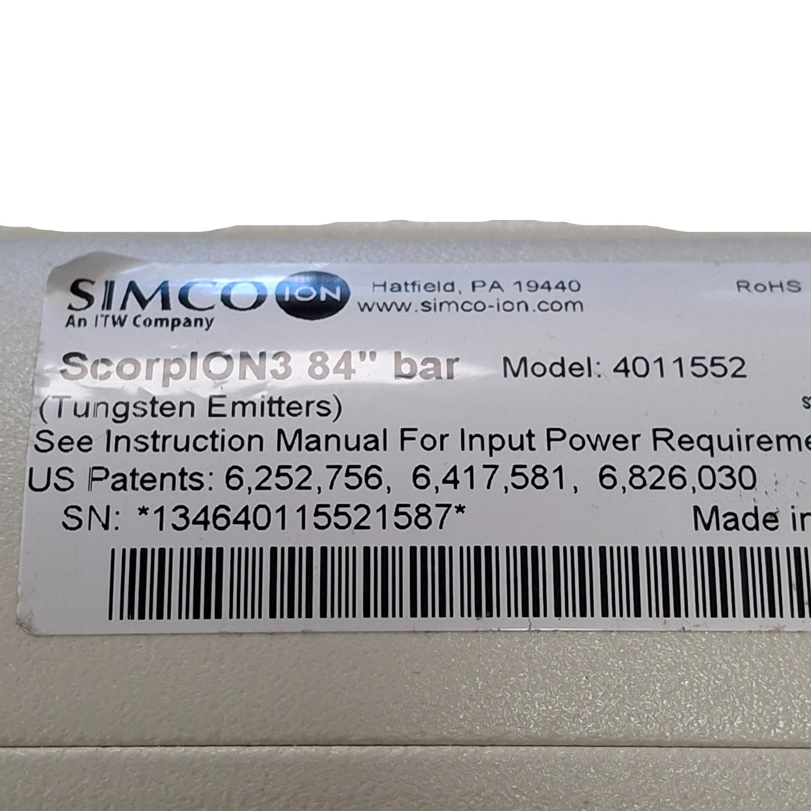 Simco 4011552 ScorpION3 Clean Ionizing Bar, 24VDC, 6-Pin RJ-11, RS-485, 84in