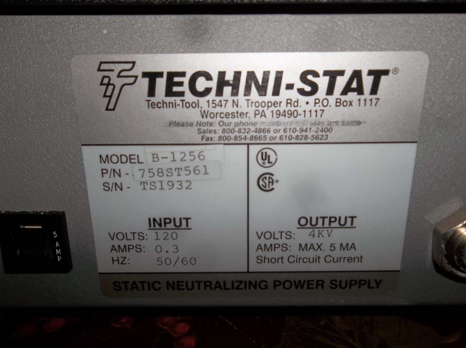 Techni-Stat Model B-1256 Static Eliminator TechniTool Neutralizing Power Supply