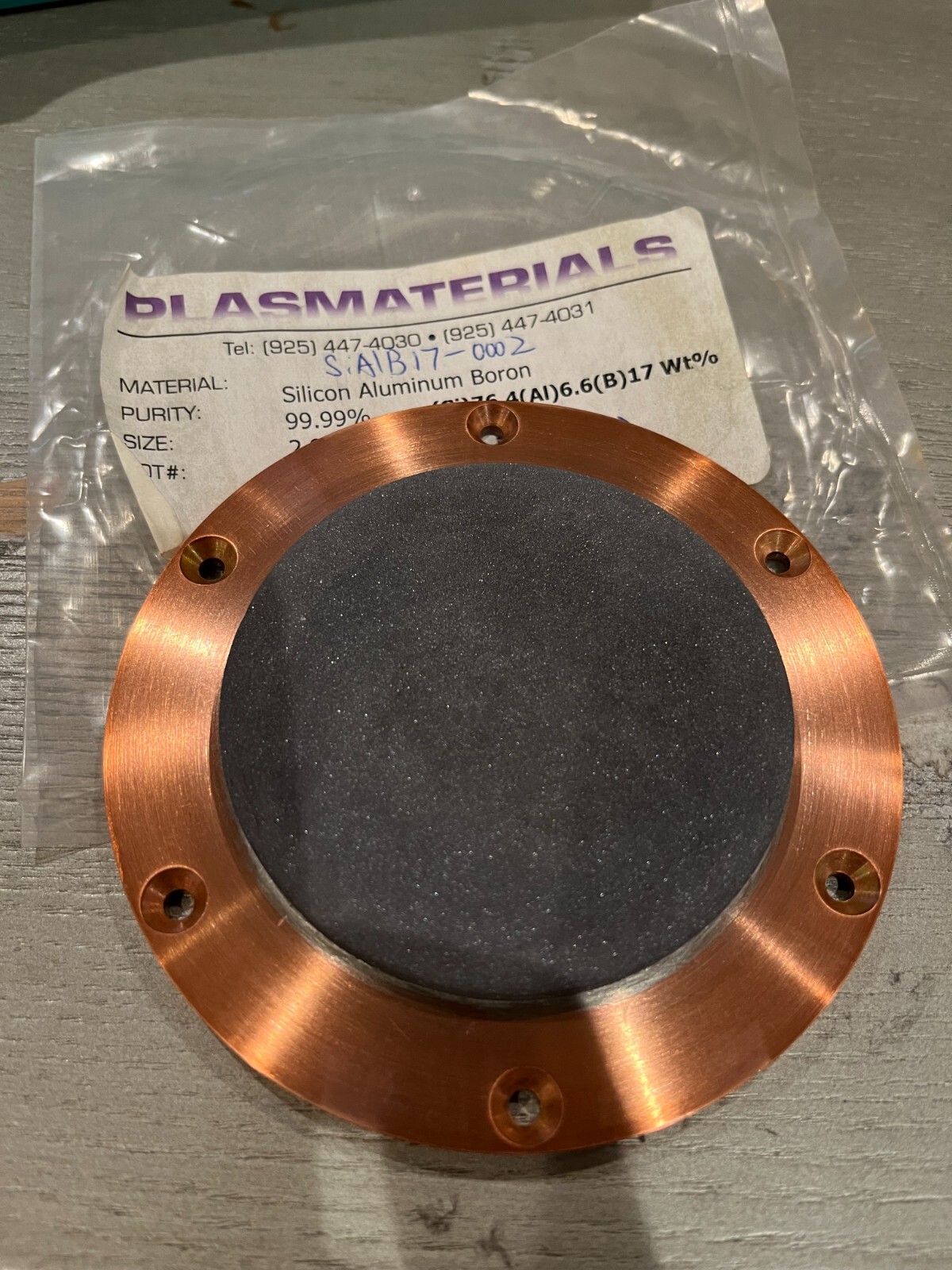 Sputtering Target, Si76.4Al6.6B17 wt %, 2.92″x .200″ w/ 4″ copper backing plate