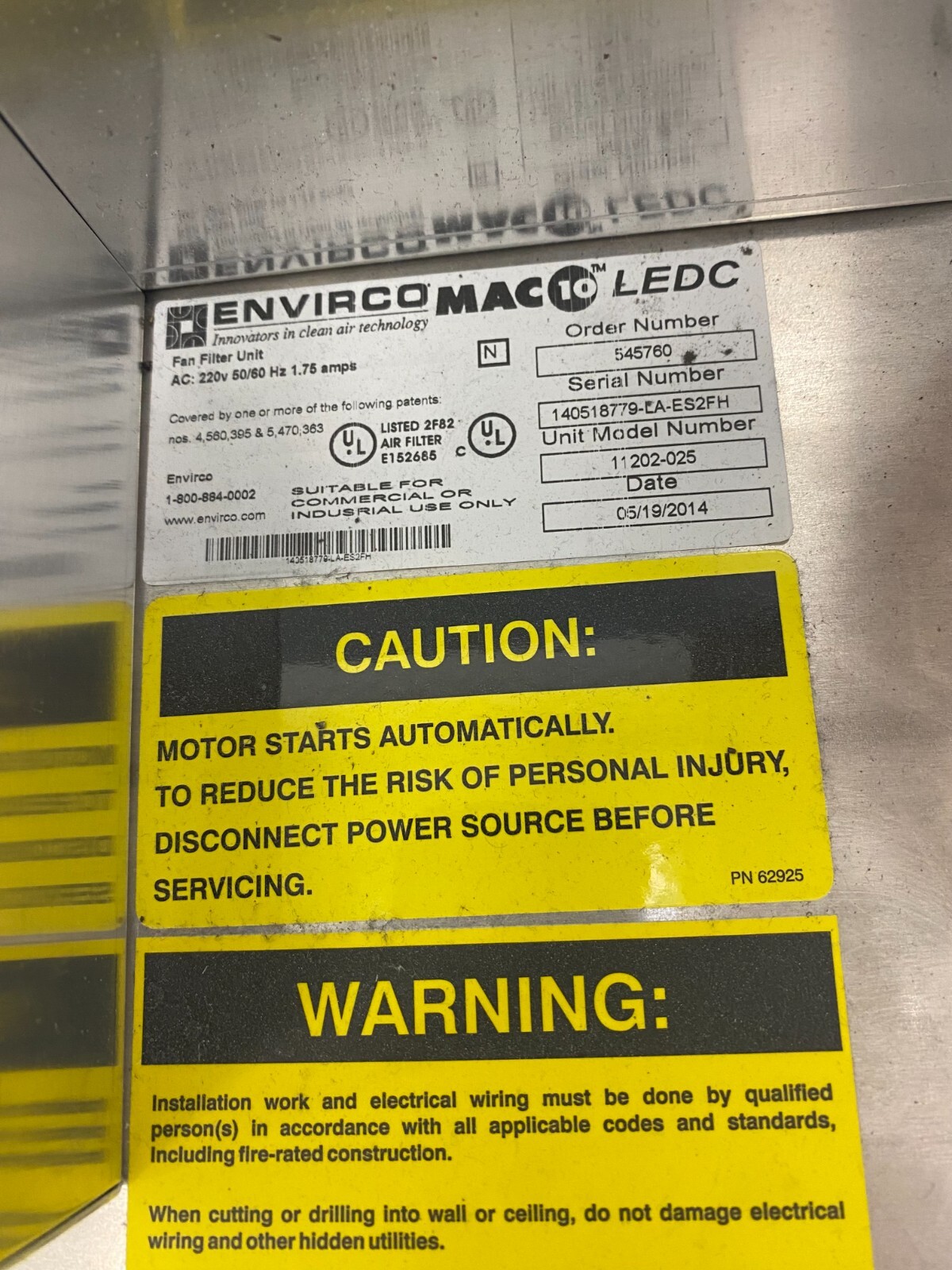Envirco MAC 10 LEDC 2×4 Hepa Filter Fan Unit Model 85502A957