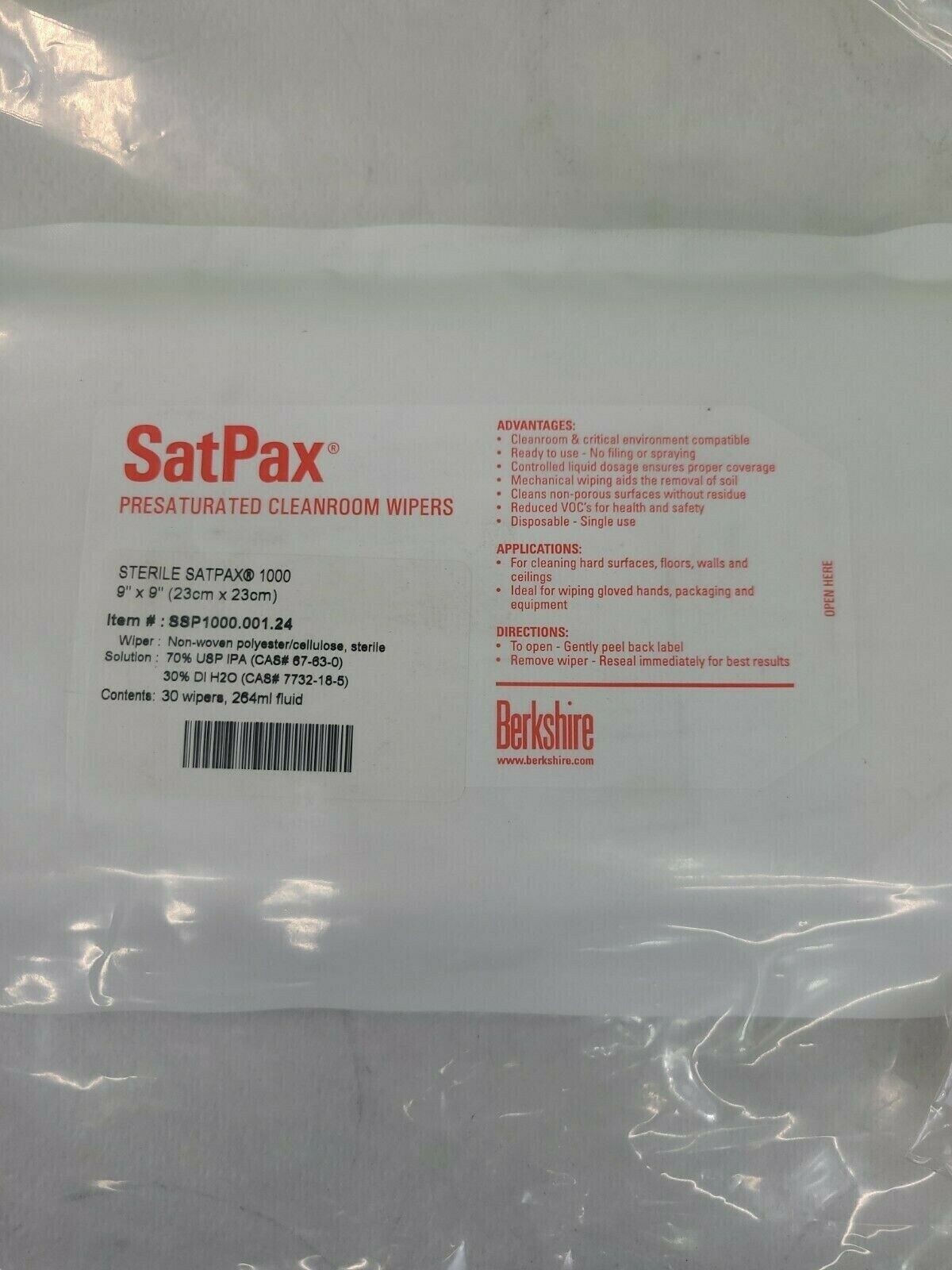 Berkshire SSP1000.001.24 Cleanroom Sterile Wipe-30 ct Pack-9″x9″-White-LOT OF 4