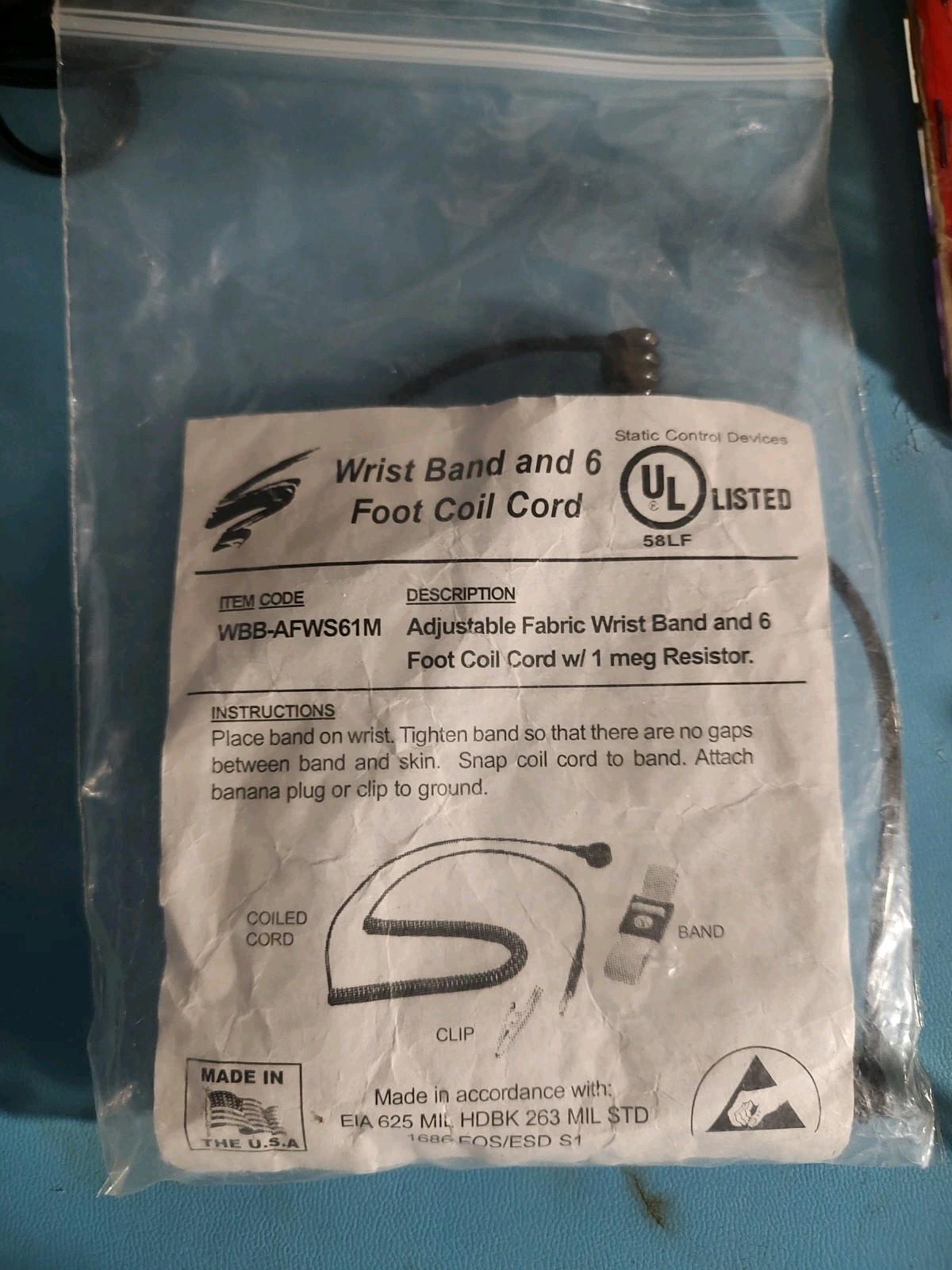 Static Control Devices ESD Wrist Band w/ Cord 1meg Resistor Grounding Cord 15′