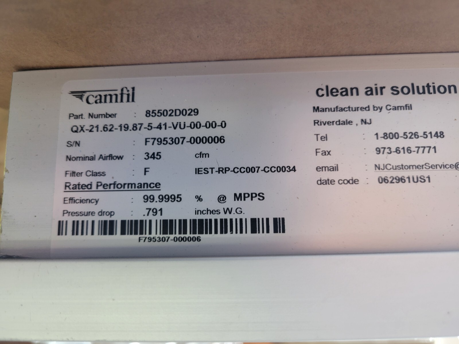 Camfil Megalam 85502D029 F HEPA FILTER 99.99% High Efficiency 20″ x 18″ NEW $179
