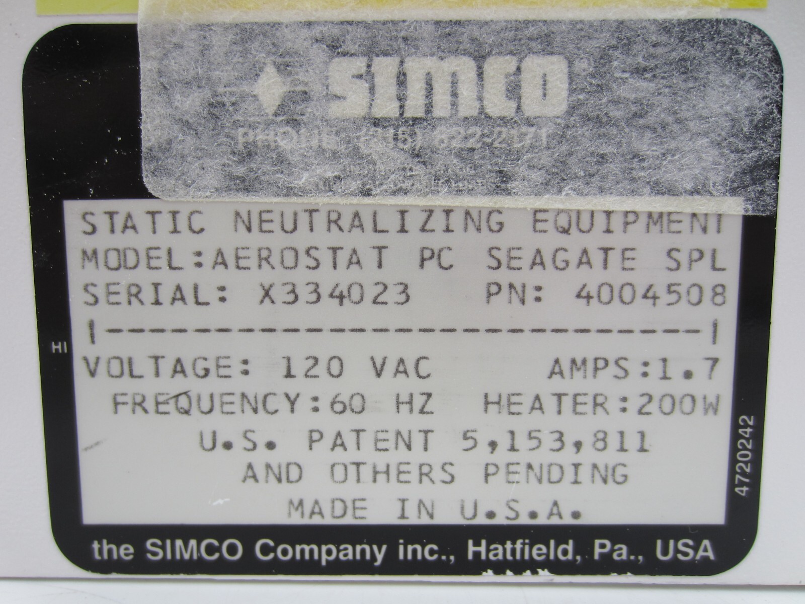 SIMCO Aerostat PC Ionizing Air Blower Ionizer Model 4004508 w/o Stand