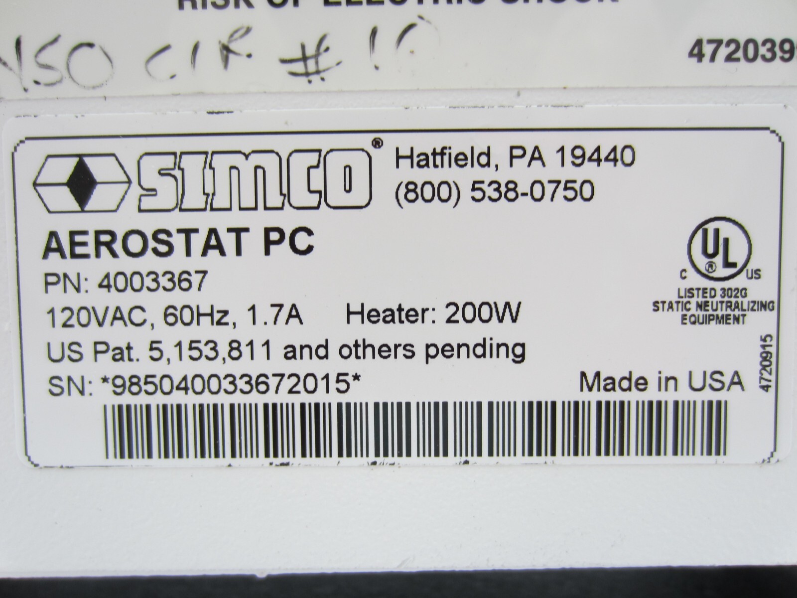 SIMCO Aerostat PC Ionizing Air Blower Ionizer Model 4003367