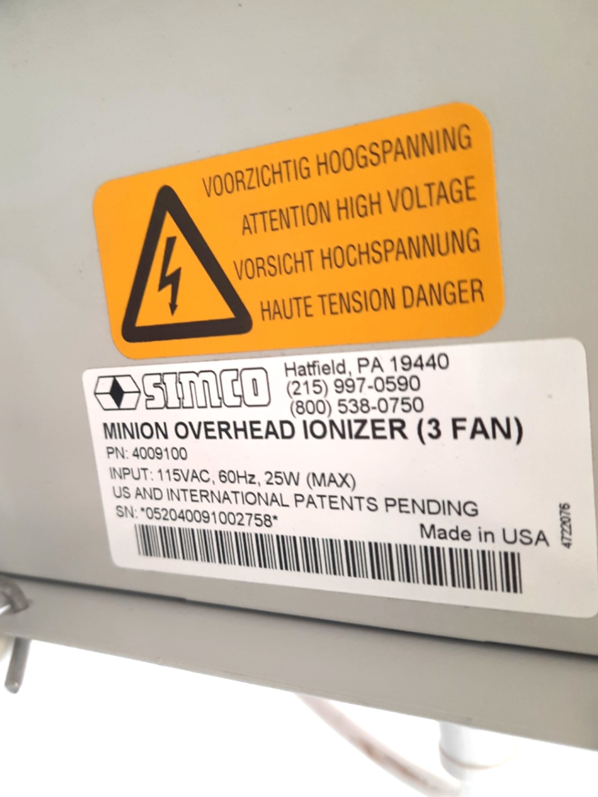 Simco 4009100 Minion Overhead Ionizer Input 115VAC 25W 3 Fan