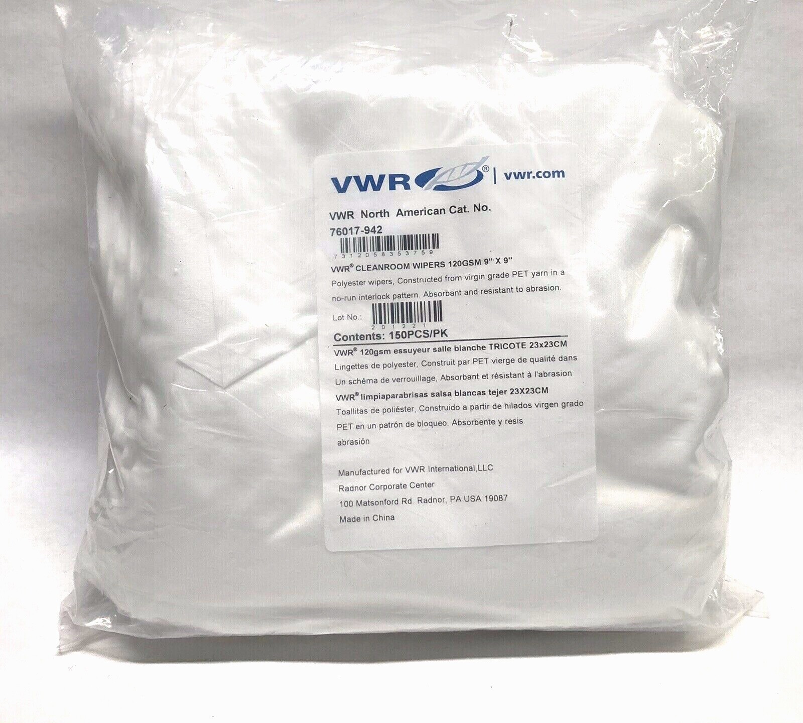 VWR Cleanroom Wipers 120GSM 9″x9″ Polyester Wipes Bag of 150 Pcs 76017-942