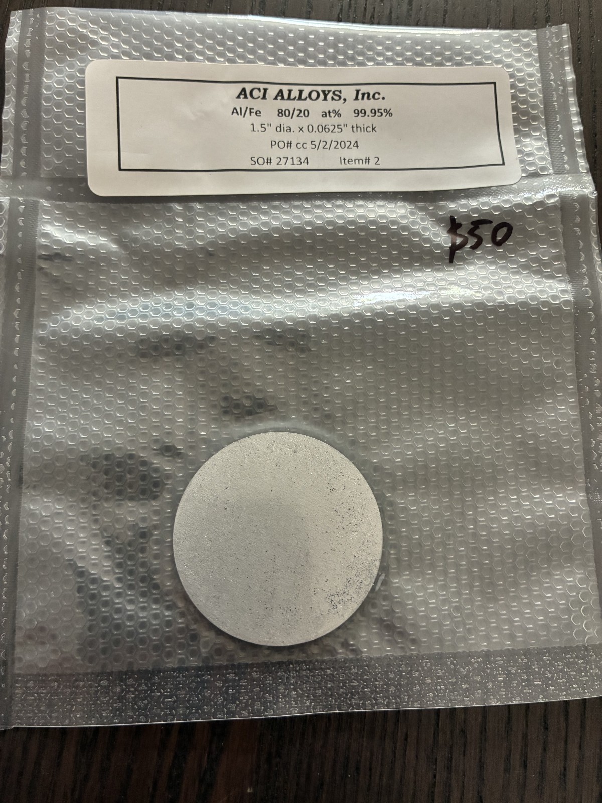 Sputtering Target, Al80 Fe20 At% 1.5″ x 0.0625″