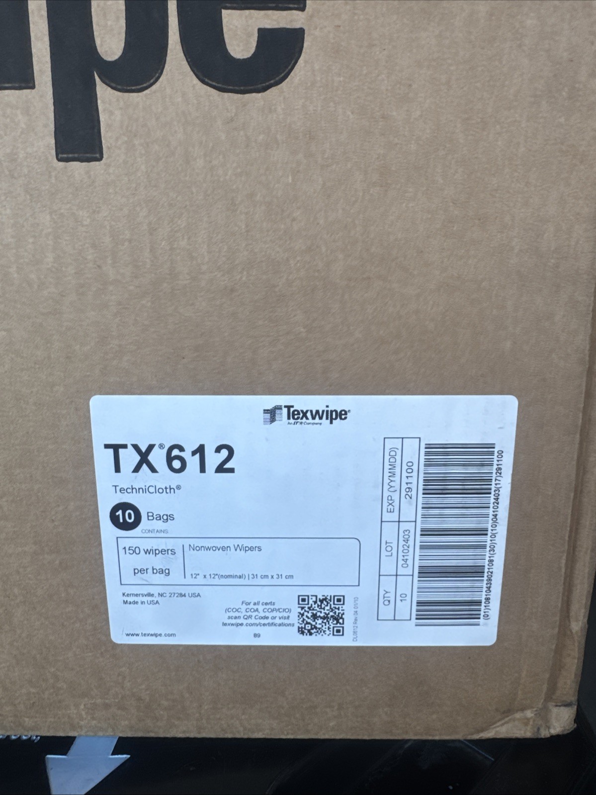 TexWipe TX612 TechniCloth Nonwoven 12×12 Wipers