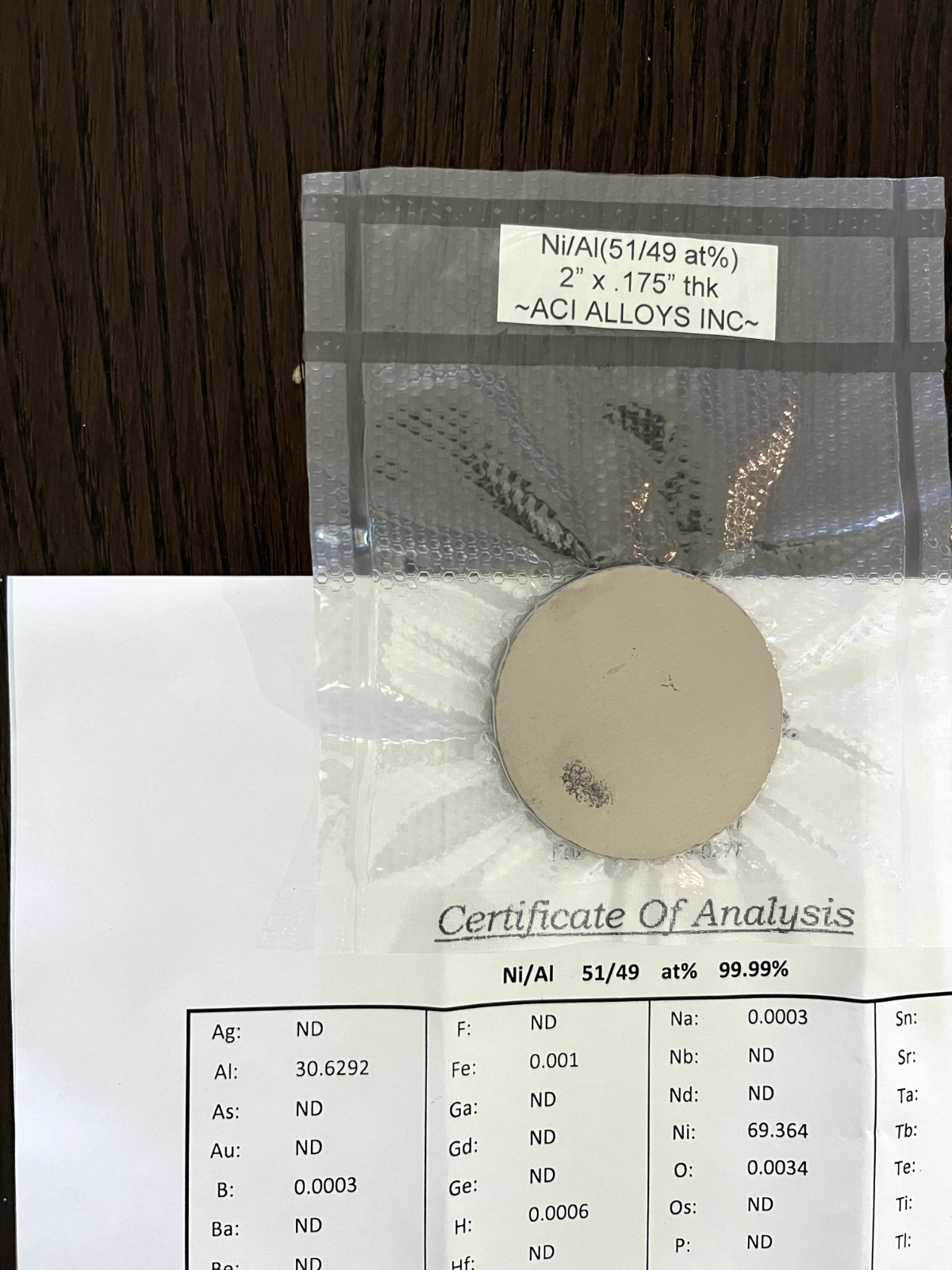 Sputtering Target, Ni51Al49 at % 2″ x 0.175″