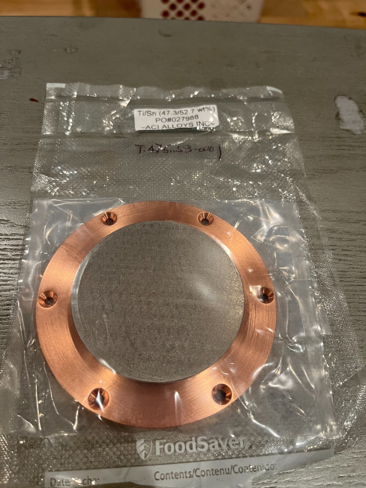 Sputtering Target, Ti47.3Sn52.7 wt %, approx 3″x.25″w/ 4″ copper backing plate