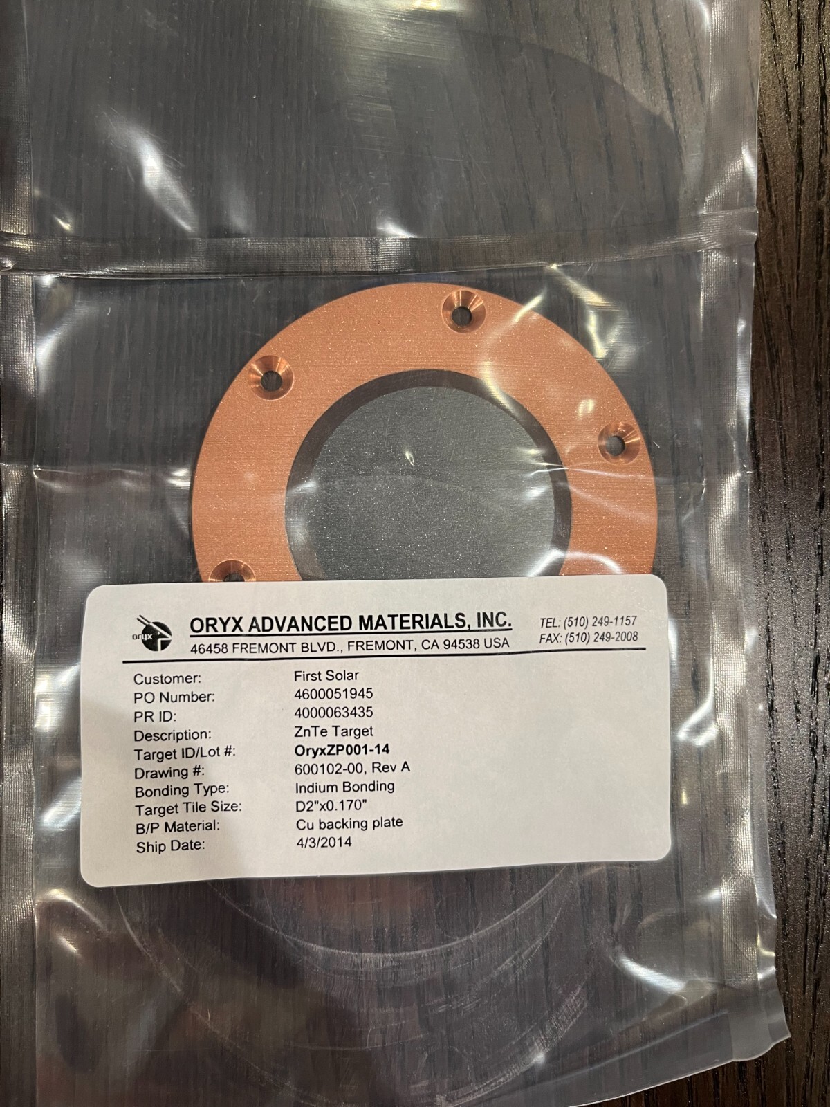 Sputtering Target, ZnTe 2″x0.170″ bonded to 3.25″ Copper backing plate
