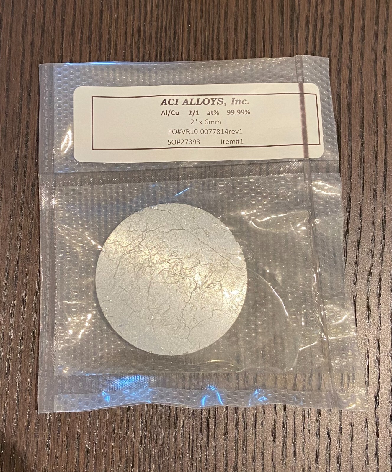 Sputtering Target, Al2 Cu1 at%, 2″ x 6mm 4N purity