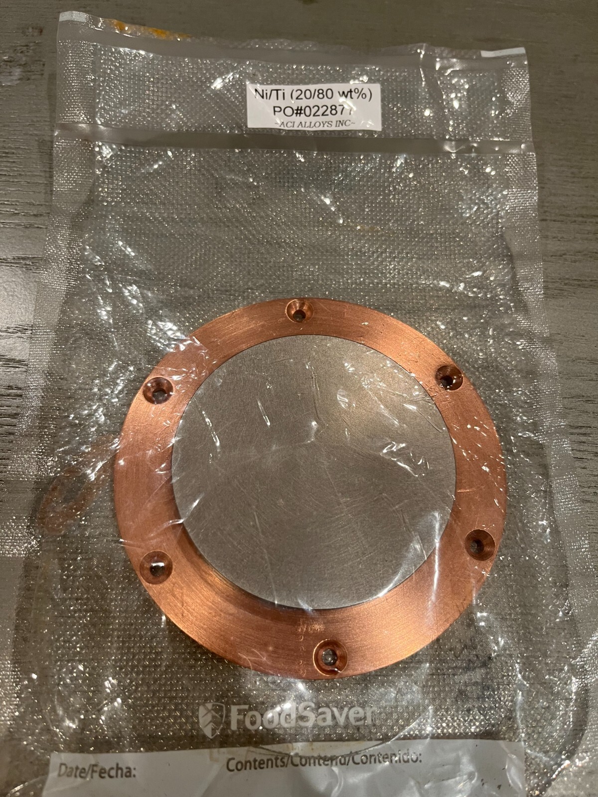 Sputtering Target, Ni20Ti80 wt %, approx 3″x.25″w/ 4″ copper backing plate