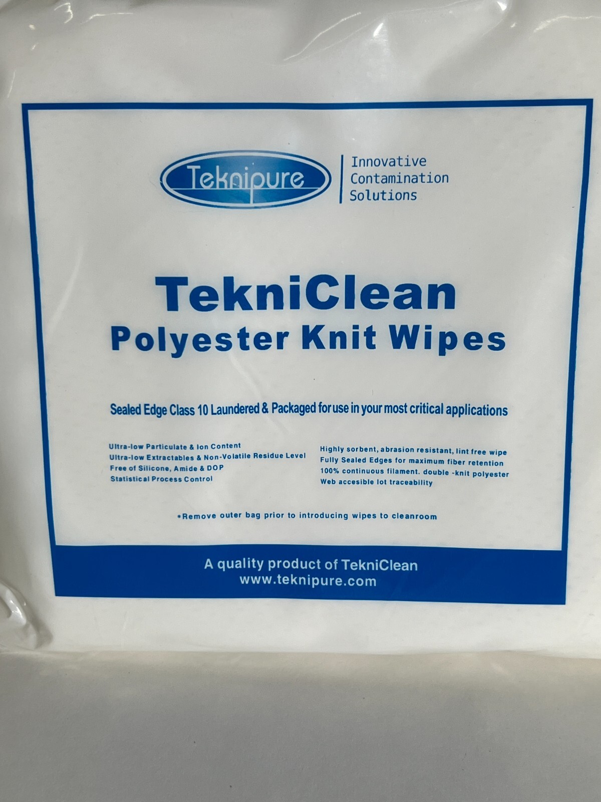 TekniClean Polyester Knit Cleanroom Wipes Sealed Edge 9″ x 9″, 2 Bags, 100/Bag