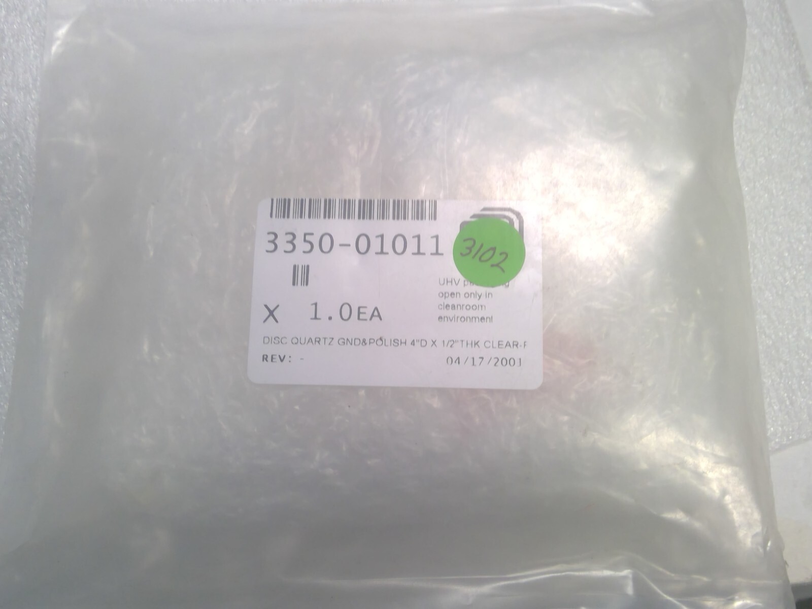 3350-01011; DISC QUARTZ GND & POLISH 4″D X 1/2″ THK CLE
