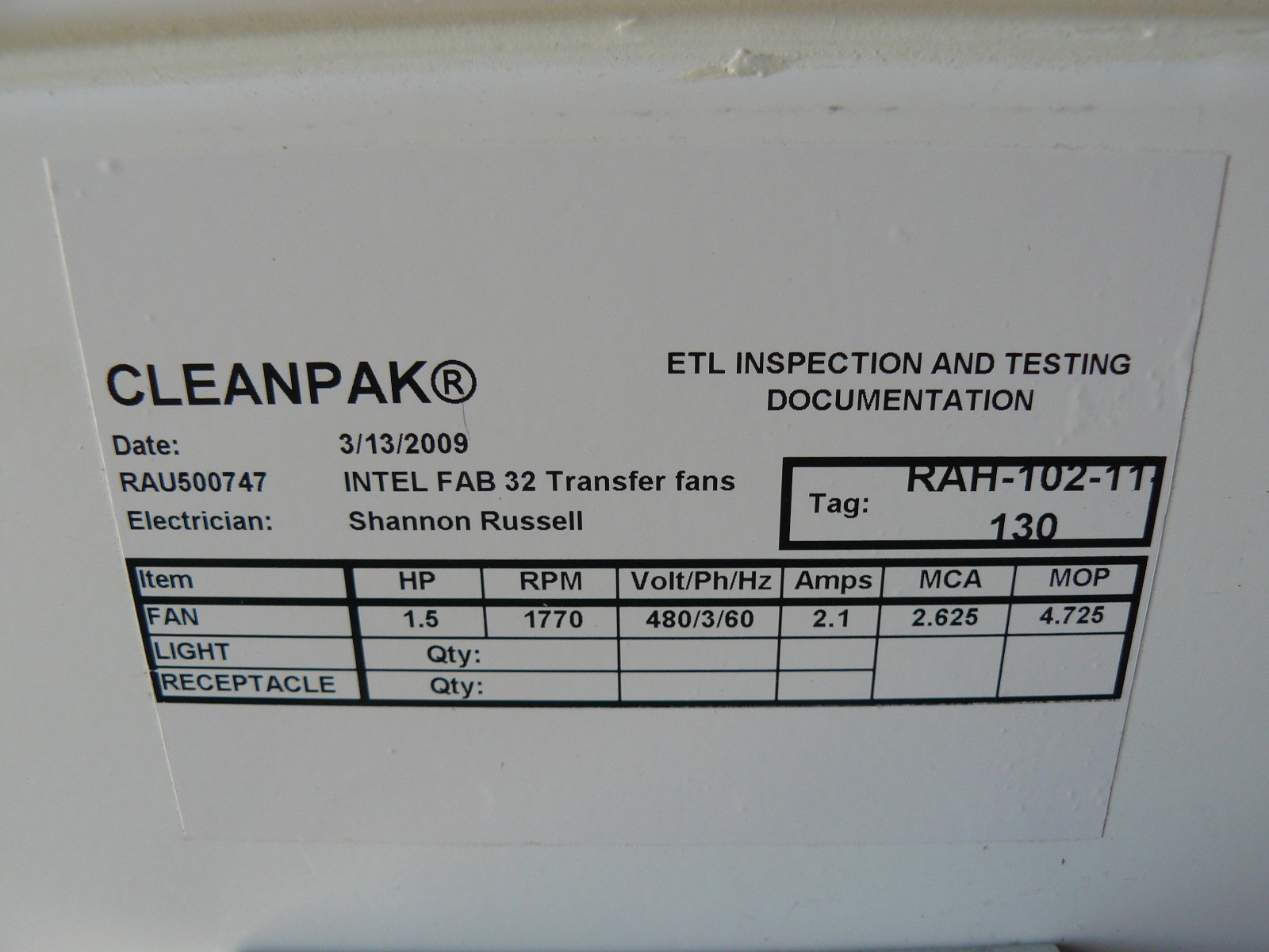 HUNTAIR FANWALL TECHNOLOGY CLEANPAK RAH-102-11-130 TRANSFER FAN NEW
