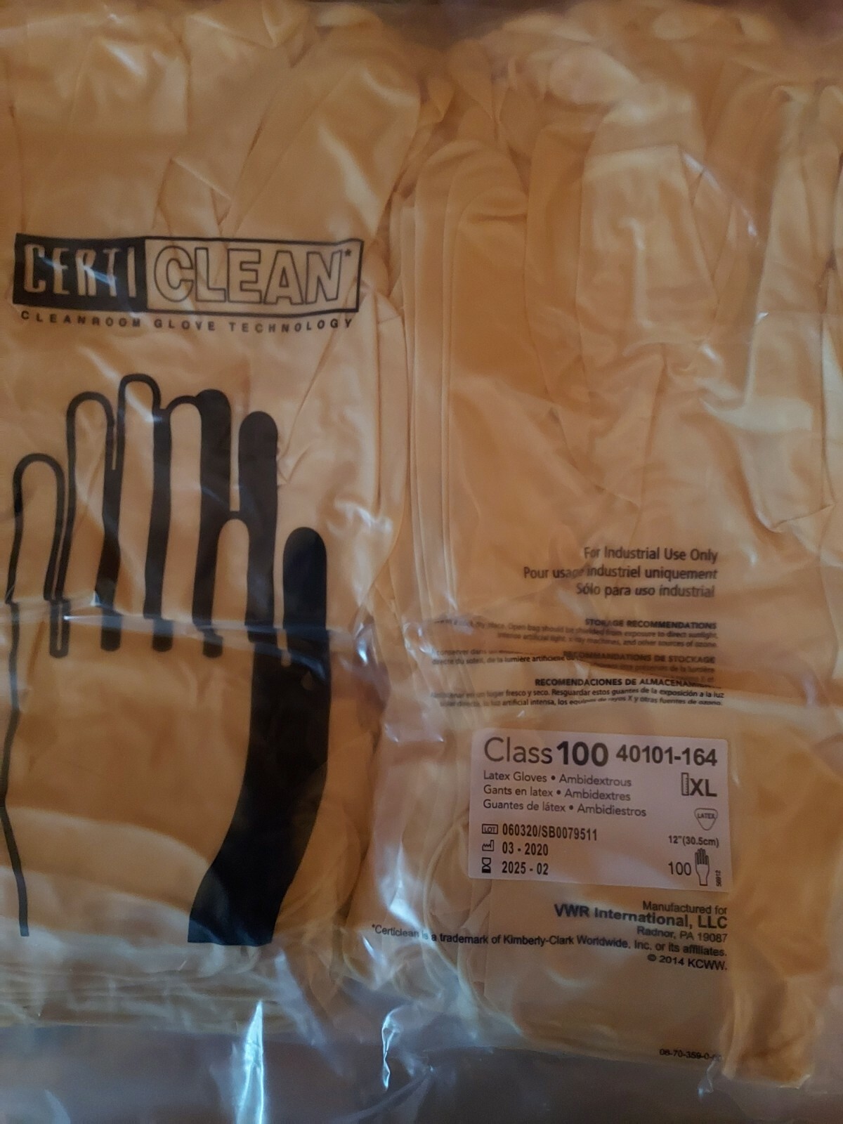 VWR CERTICLEAN CLASS 100 LATEX AMBIDEXTROUS GLOVES 12″, XL 40101-164, BOX/1000