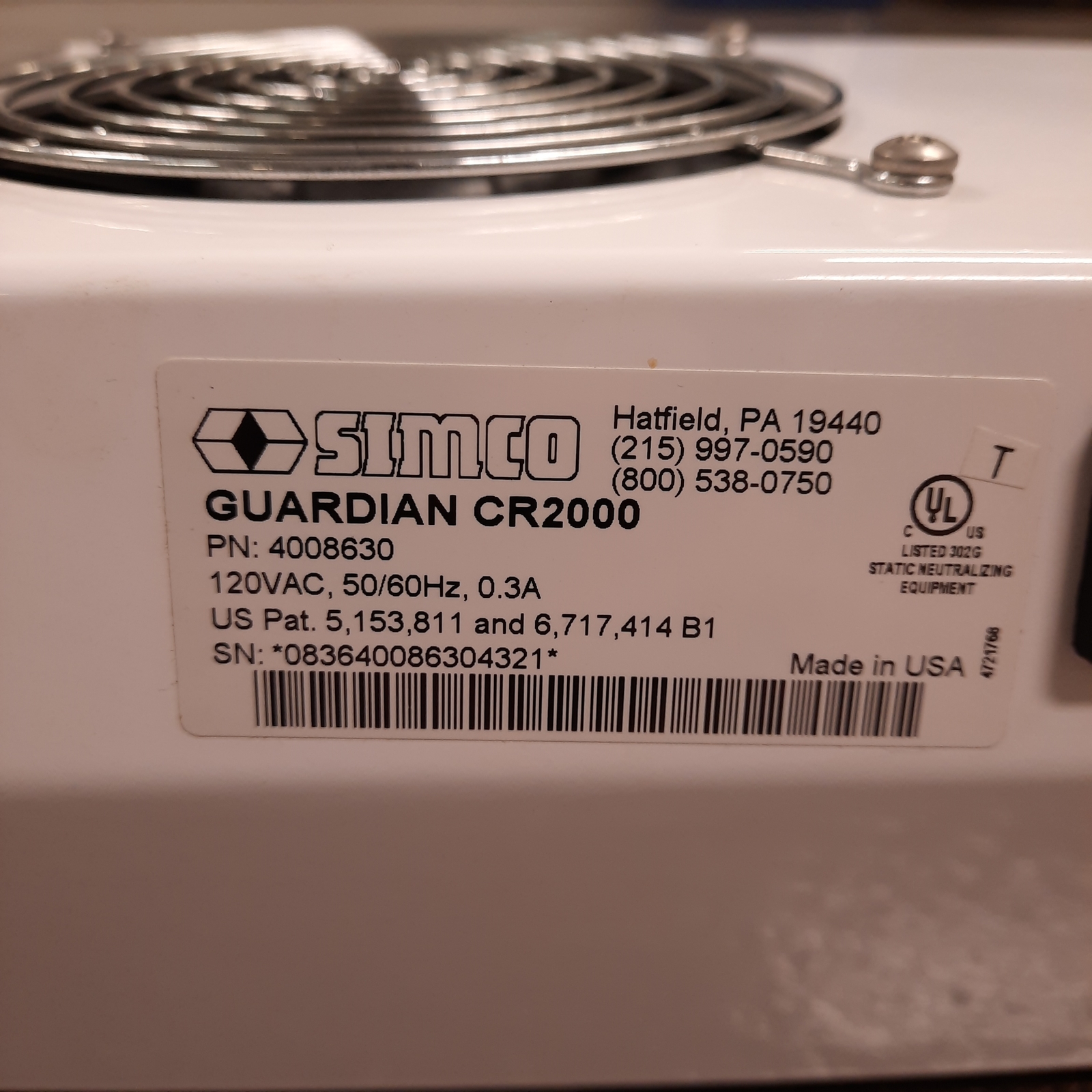 Simco 4008630 Guardian CR2000 Ionizing Air Blower, 3-Fan, 120VAC, 135/270cfm